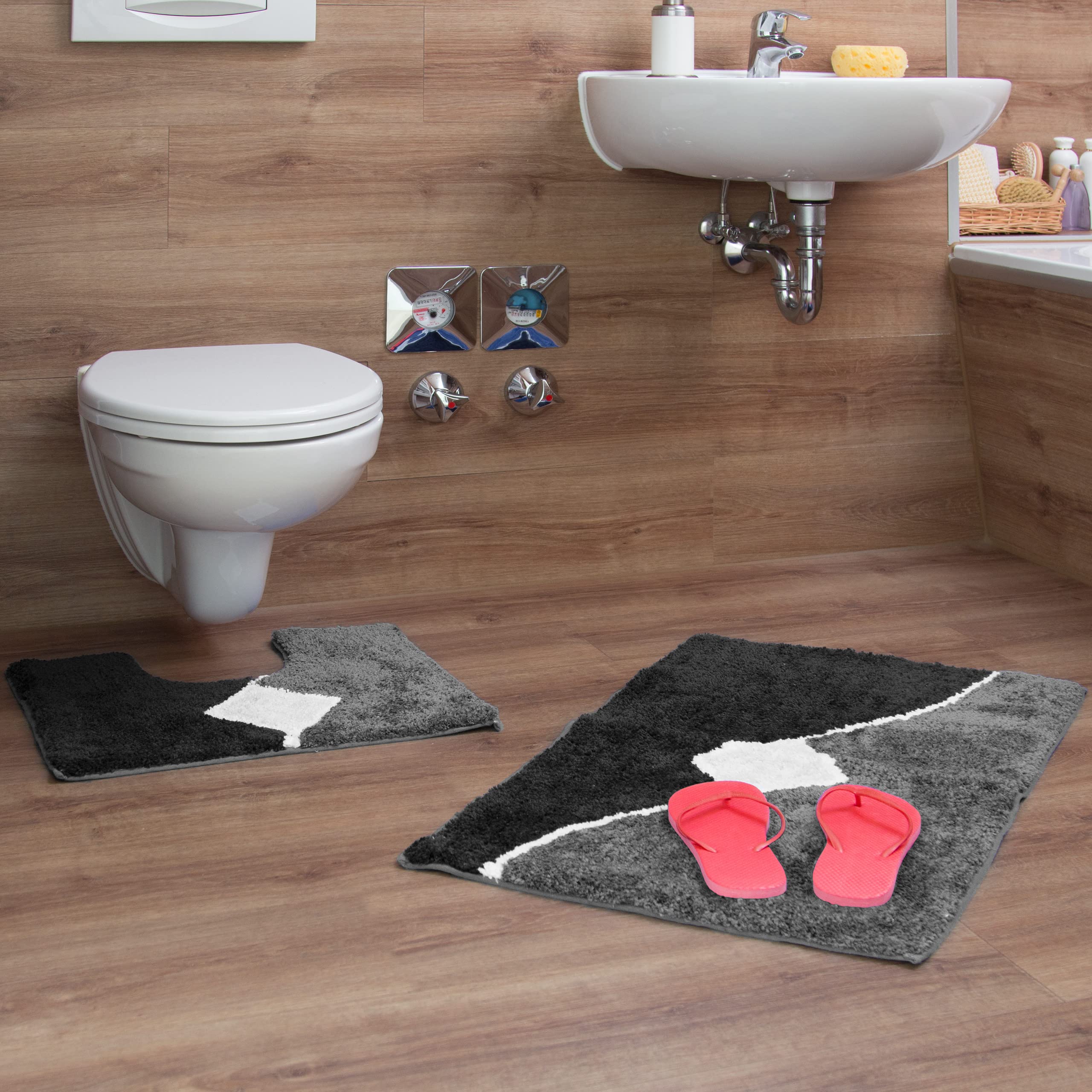 Relaxdays Badgarnitur 2-teilig mit Grafikmuster, Für Fußbodenheizung, Waschbar, Badematte und WC-Vorleger, Für Stand-WC, 80 x 50 cm, grau Küche, Haushalt & Wohnen