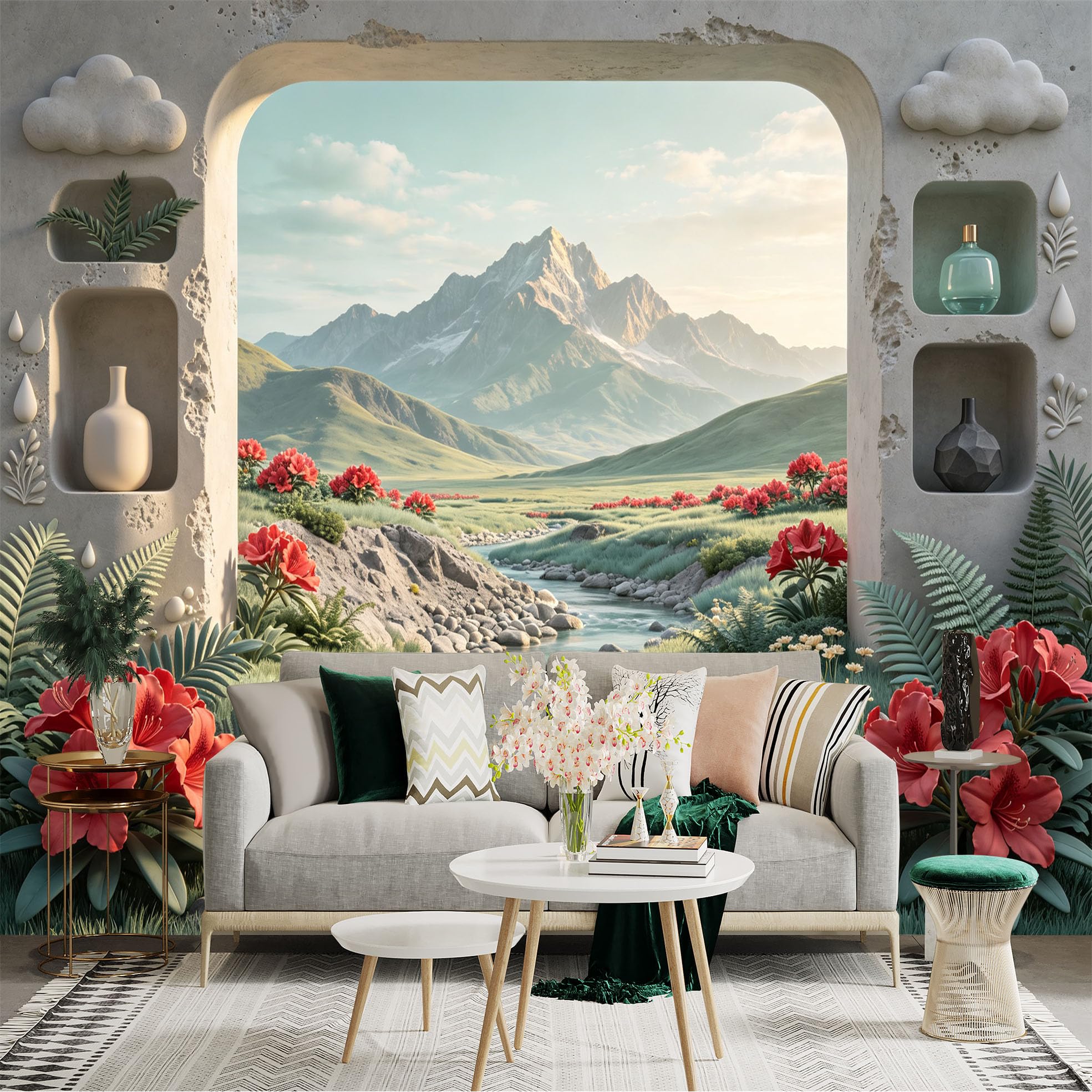 Lnzczhyre Bh260719380 Custom Size Wall Sticker Mural， Scenic Mountain Landscape， Serene River Valley， Red Floral Meadow， Architectural Archway View， For Wall Decoration， Peelandstick Wall Decals.