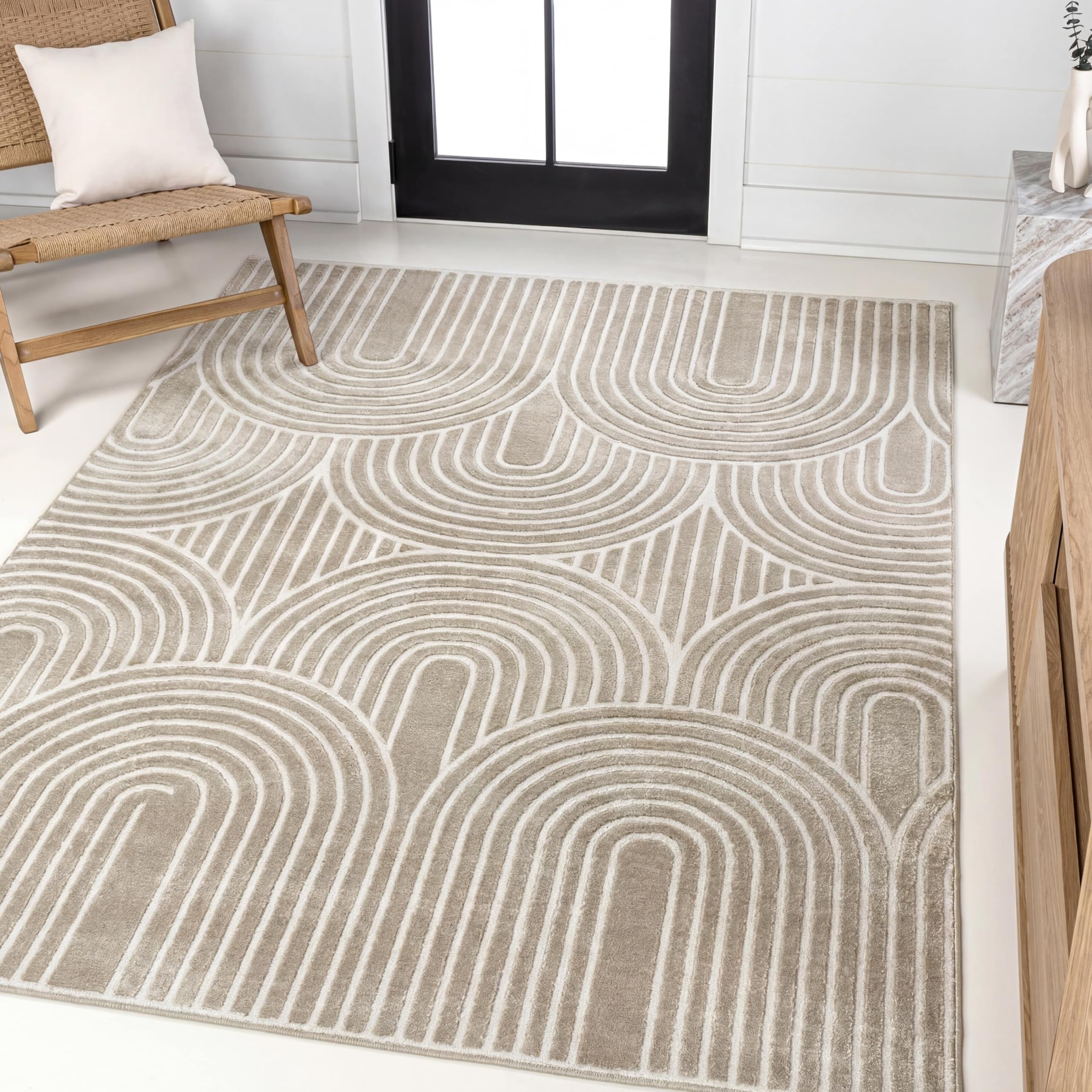jonathan y art deco striped arches indoor area rug 8x10 beige/cream, ariana midcentury high-low two-tone for living room, bedroom, kitchen, easy-cleaning, pet-friendly, non-shedding snd100a-8