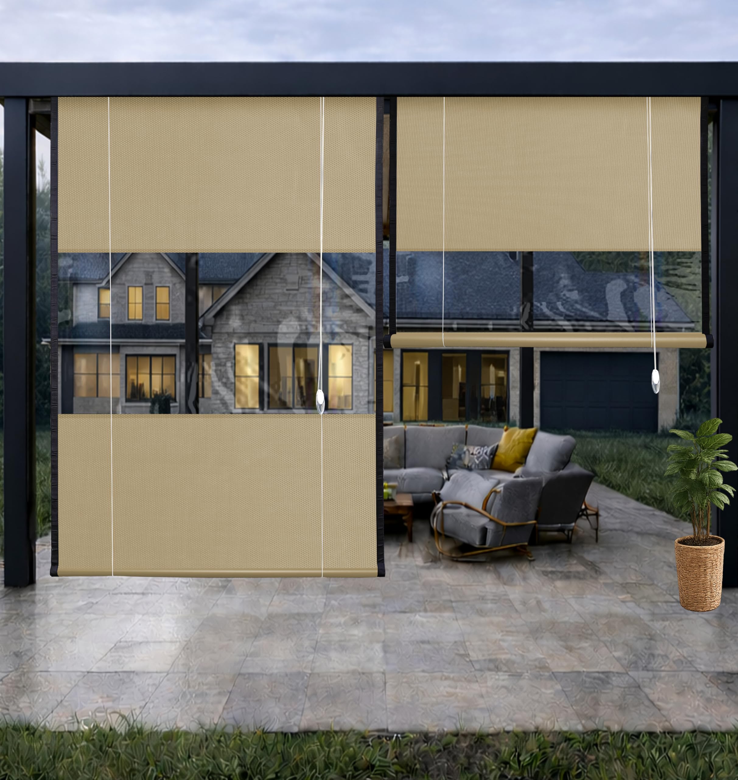 Waterproof Polyester with PVC Chick Blind Curtain for Balcony & Window|Roll-Up Sun Shade Blind|Rain & Dust &UV Protection, Wind Resistant|(Beige, 4.5X5 Feet) Pack of 1-image-32