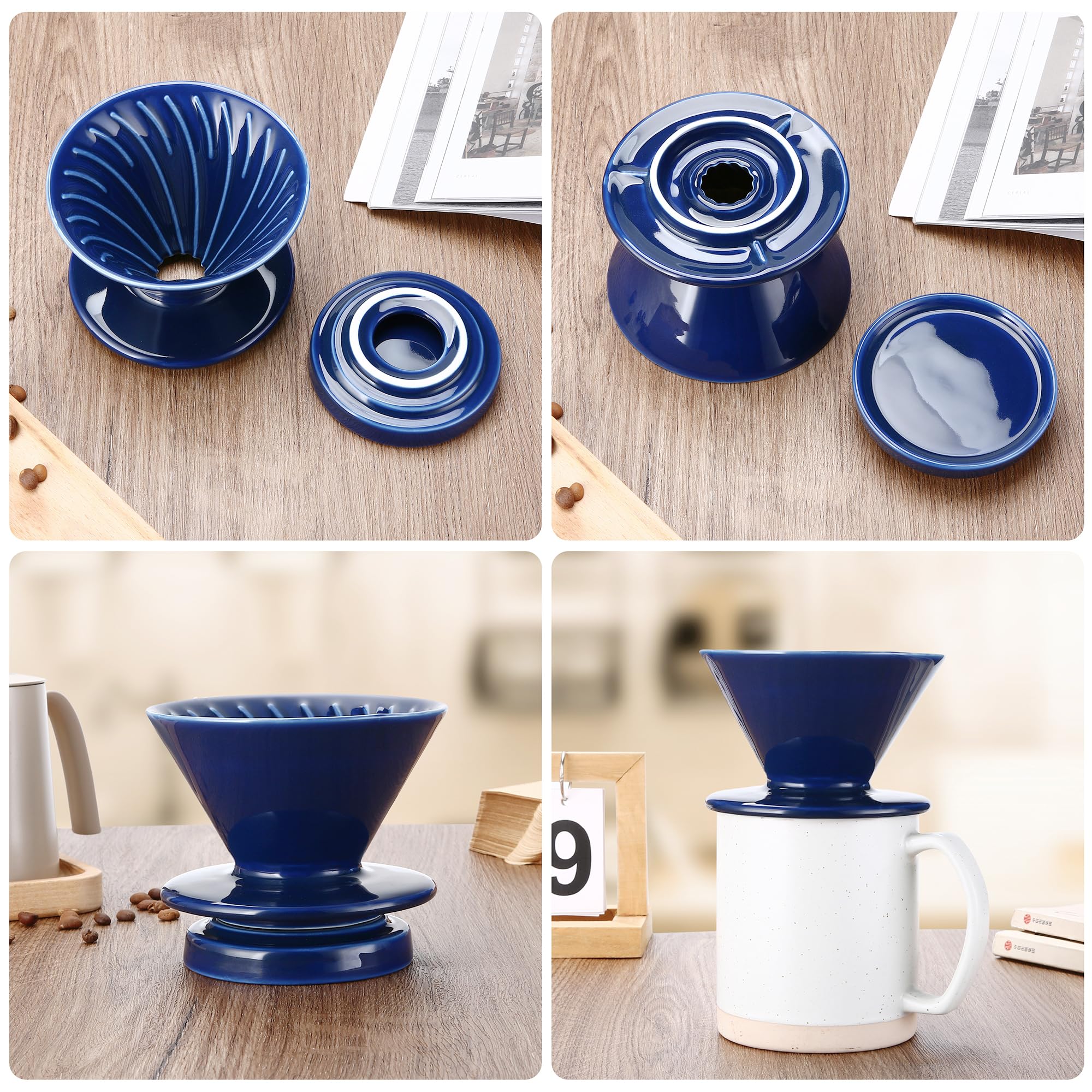 Cafetera de vertido, gotero de café de cerámica con 100 filtros de papel tamaño 02, servidor de café de cerámica con tapa, 450 ml, adecuado para 1-2 personas (azul)