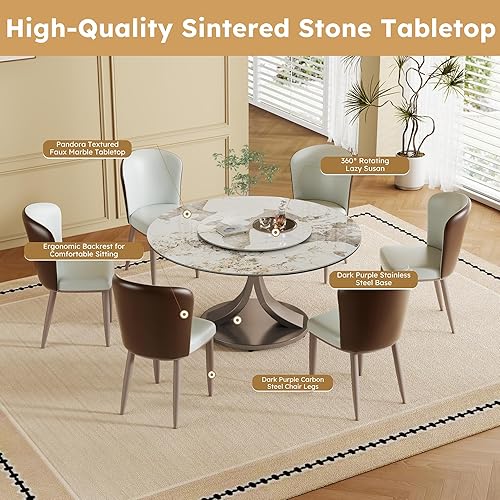 Miniatura 4 de Juego de mesa de comedor de 9 piezas, 59 pulgadas de profundidad, moderna mesa de comedor redonda de piedra sinterizada con 8 sillas, mesa de