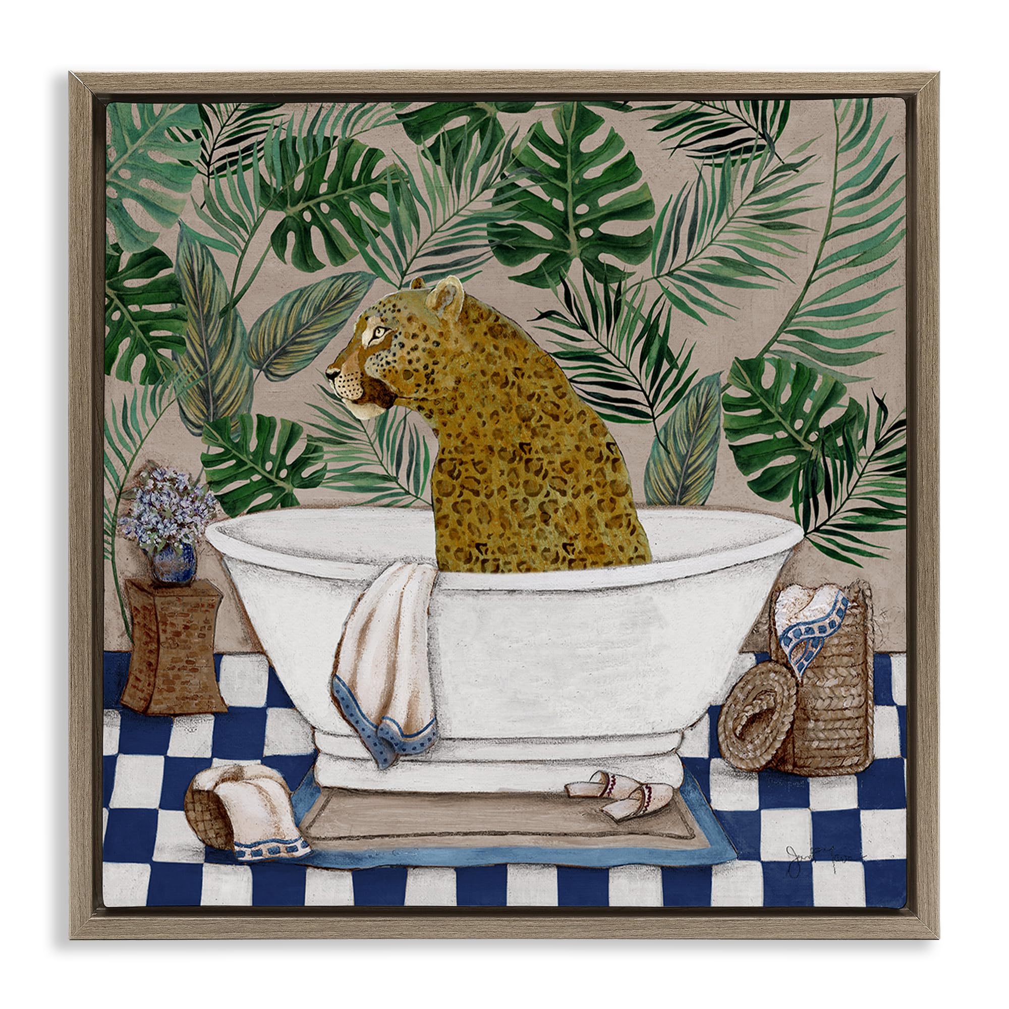'Leopard in Tropical Bathtub'| Floating Frame Canvas Art