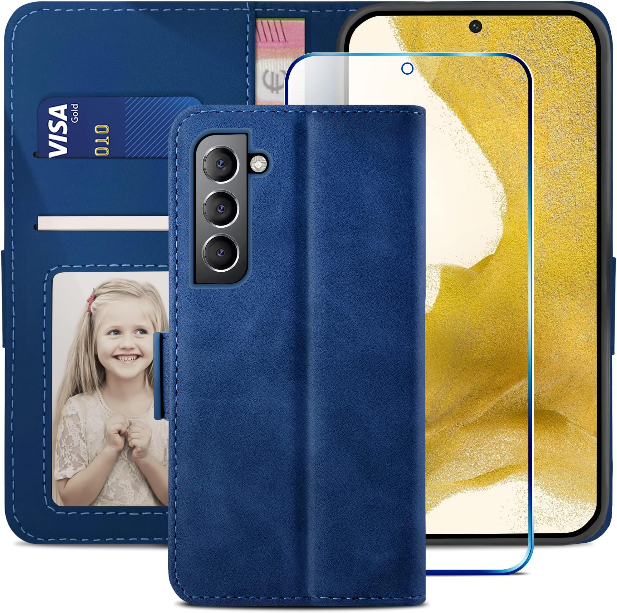 YATWIN Compatible with Samsung Galaxy S22 Plus Case, Flip Wallet Leather Case with Screen Protector and Card Slot Kickstand Phone Cases Cover for Samsung S22 Plus 5G - Blue