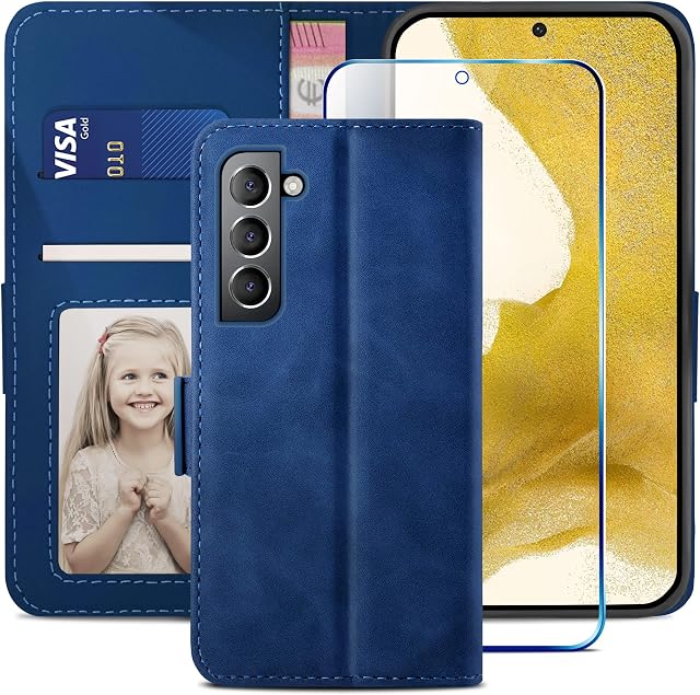 YATWIN Compatible with Samsung Galaxy S22 Plus Case, Flip Wallet Leather Case with Screen Protector and Card Slot Kickstand Phone Cases Cover for Samsung S22 Plus 5G - Blue