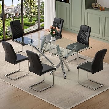 Ebullient 71" Glass Dining Table Set for 6, Dining Set Table and 6 Chairs