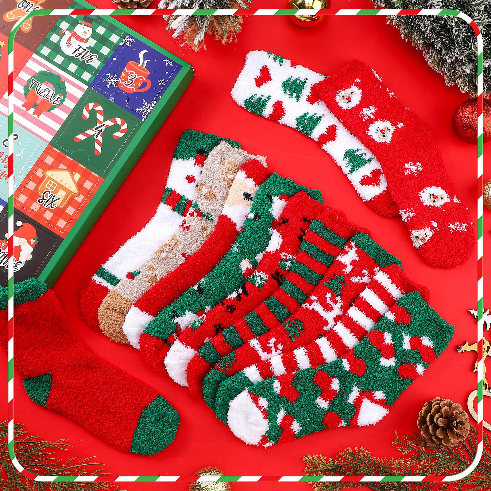 12 paia di calzini natalizi sfocati con calendario dell'avvento 2024, set di calzini unisex per adulti con conto alla rovescia di 12 giorni, regalo colorato, soffici e caldi, per feste di Natale