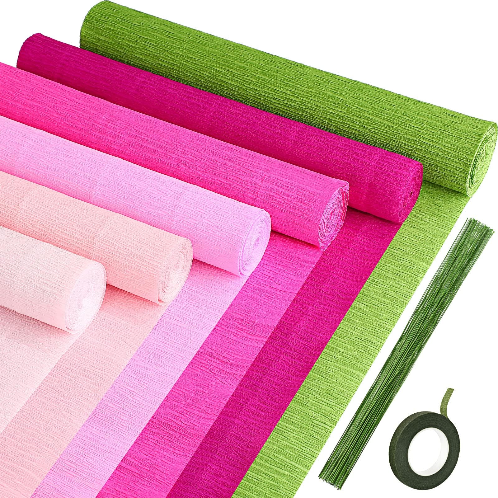 Gersoniel 57 Pcs Crepe Paper Flower DIY Kits 6 Rolls 35g Papel Crepe Sheets 50 Pcs Floral Iron Wire 10 Inch x 8 Feet 1 Roll 50 Meter for Birthday Party Wedding(Pink and Green Series)