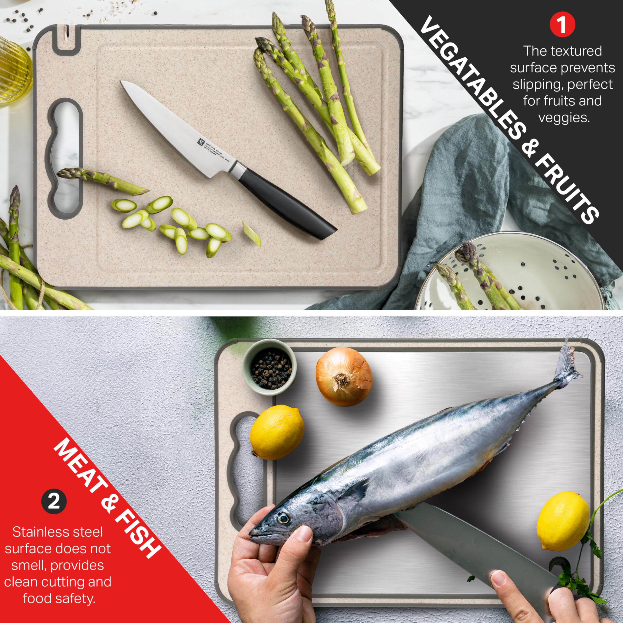 Tabla Cortar Acero Inoxidable SNOWCLAD Tabla De Cortar De Acero Inoxidable, Tablas De Cortar De Acero De Doble Cara Para Cocina, Acero Inoxidable/paja De Trigo, Tabla Grande Para Carne, Corte No Tóxico