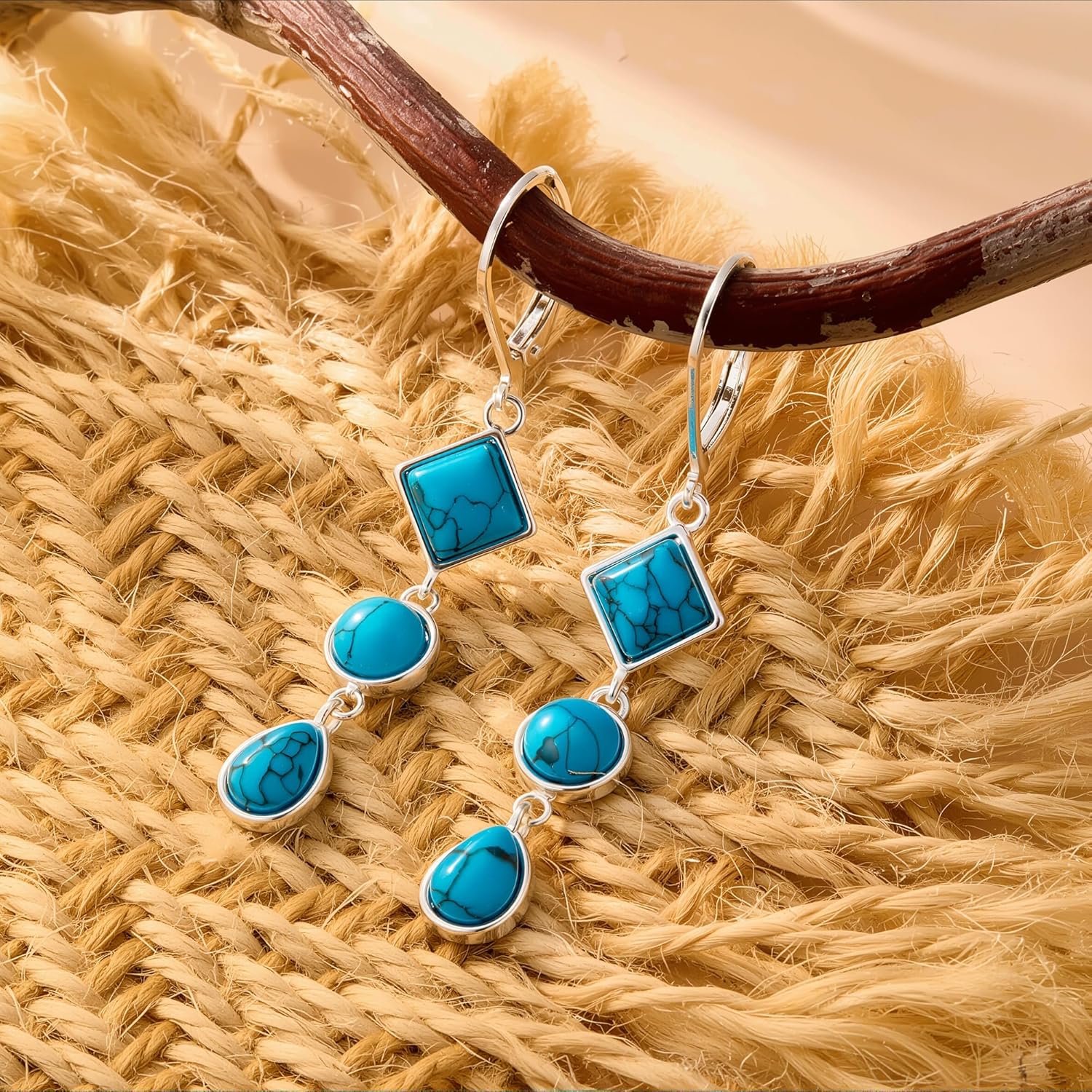 ALEXCRAFT 925 Sterling Silver Dangle Earrings for Women Trendy Hypoallergenic Lightweight Statement 14k Gold Plated Boho Turquoise Jewelry Long Teardrop Round Square Leverback Earrings for Women - Image 7