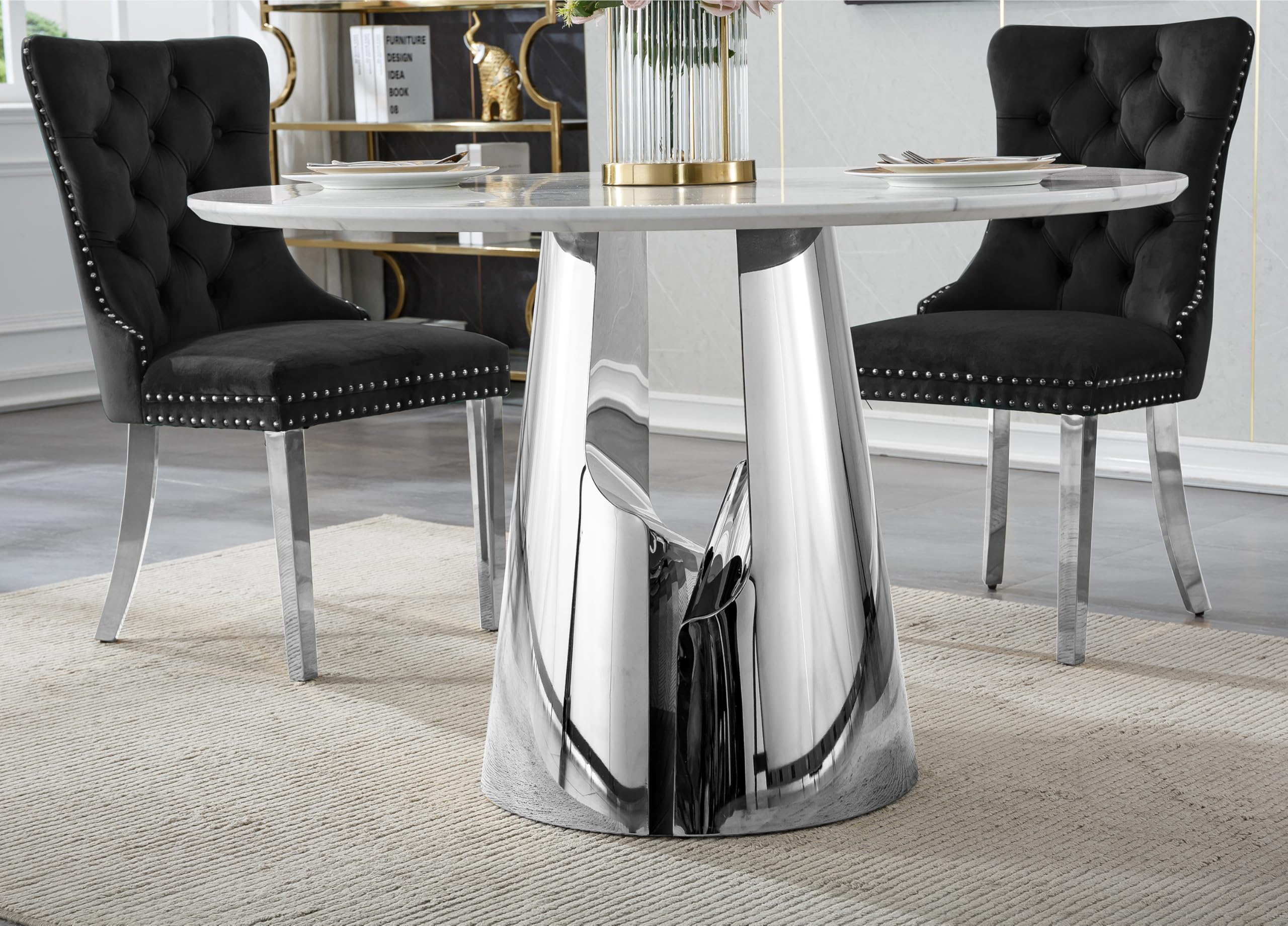 Juego De Comedor Redondo 4 Sillas | Mesa Mármol Efecto, Sillas Terciopelo, Negro Moderno