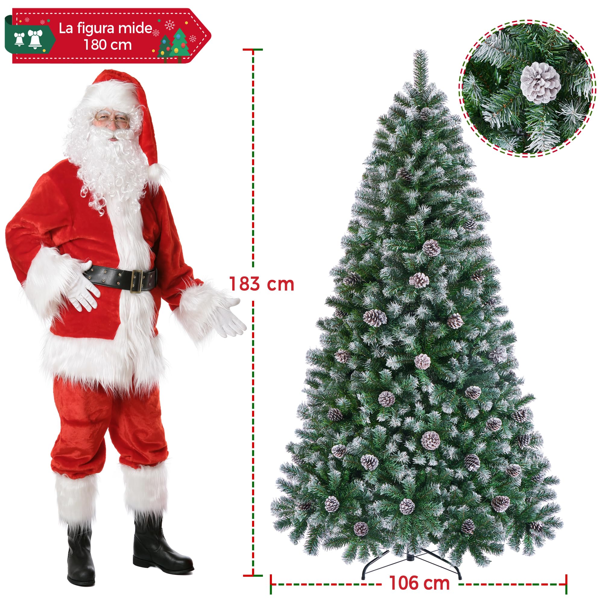 Yaheetech 183cm Árbol de Navidad Nevado Artificial 920 Puntas con 64 Frutas de pinos Soporte Metálico Plegable para Decoración Casa Oficina Fiestas Festivas