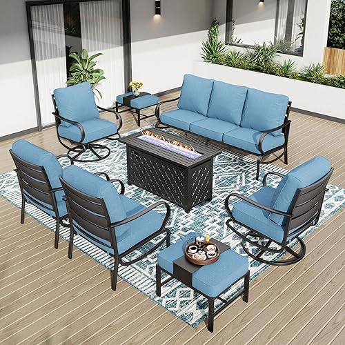 PHI VILLA 8 PCS Patio Furniture Set with Fire Pit Table,Metal Patio Furniture with 1 x 3-Seat Bench Sofa, 2 x Swivel Sofa Chairs, 2 x Leg Chair & 2 x Ottoman, Modern Patio Set, Navy Blue