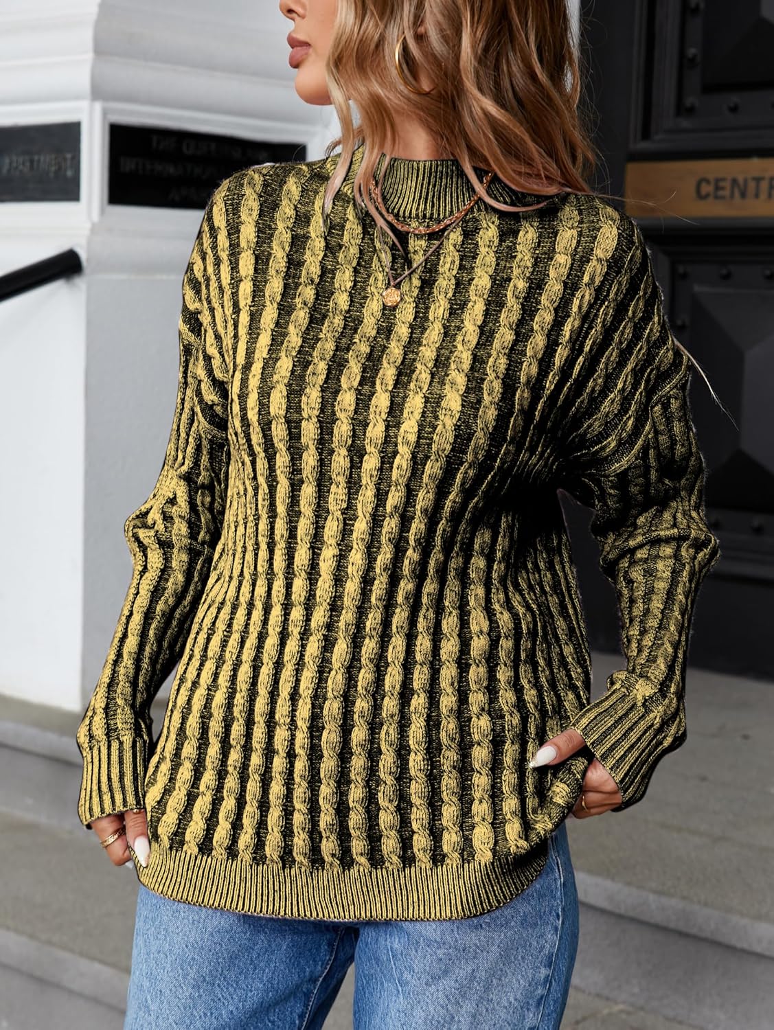 Famulily Womens Casual Long Sleeve Turtleneck Pullover Sweater Cable Knit Striped Color Block Sweater Tops - Image 2