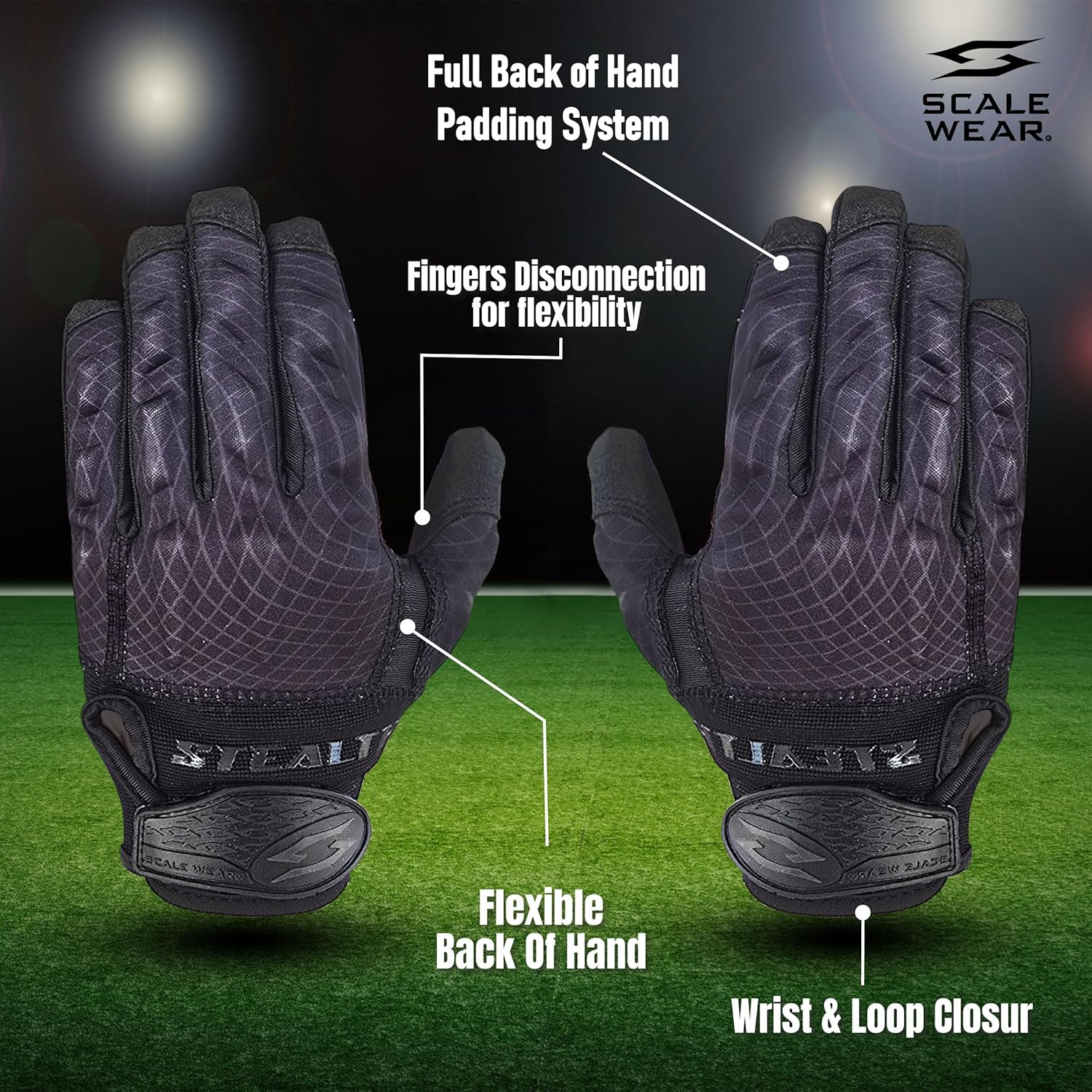 Stealth Padded Football Lineman Gloves - One Color Pro Reinforced Leather Palms Adult Mens Youth Sticky Boost Your Game