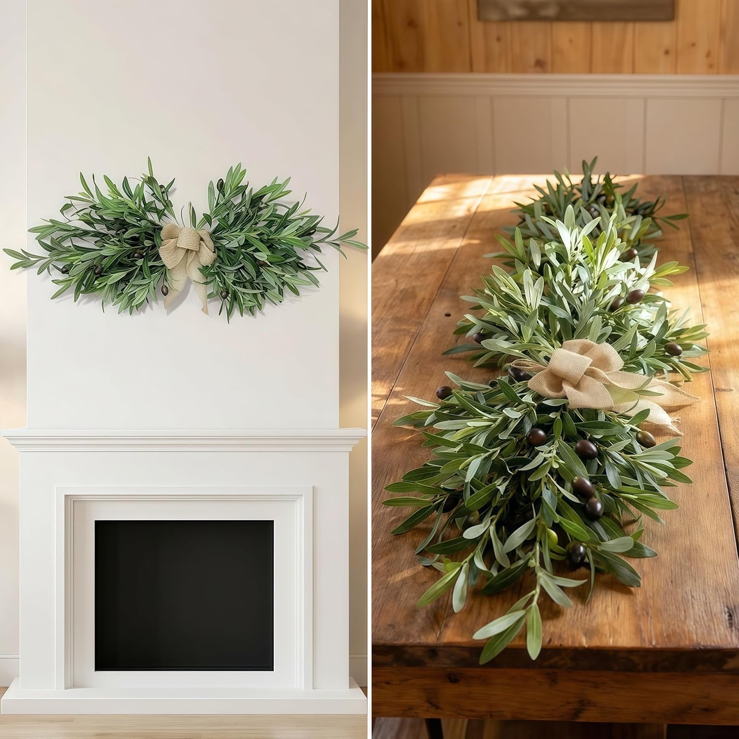 2026 Summer Upgraded Farmhouse Olive Leaf Greenery Swag with Premium Burlap Bow – Realistic Faux Foliage Decor with Full Design for Mantel, Table Centerpiece, Door & Mirror Display (Green 2Pcs)