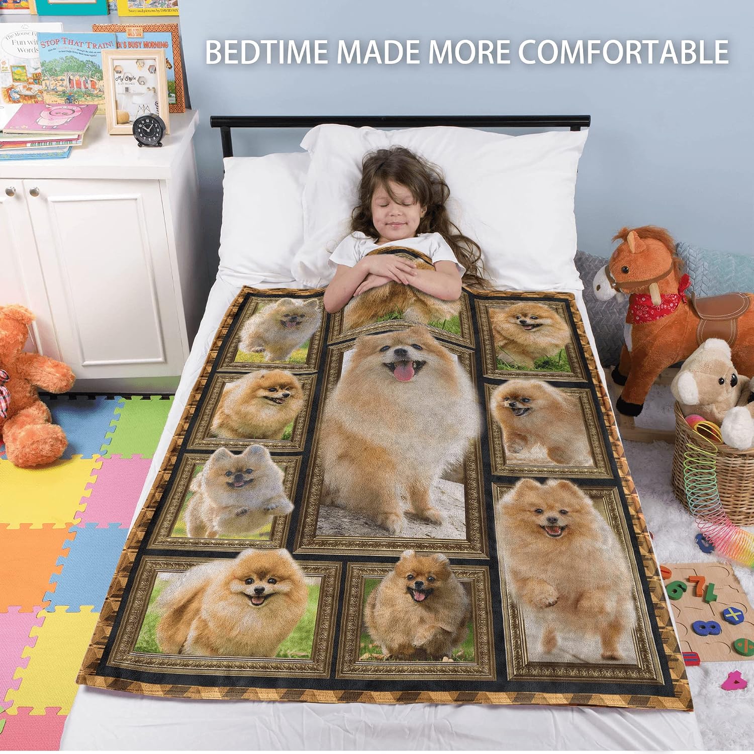 Pomeranian Dog Blanket for Kids, Cute Soft Cozy Warm Flannel Throw Blanket for Girls Boys, Toddler Baby Blankets and Throws for Couch Bed Daycare Preschool Naptime, 40" x 50"