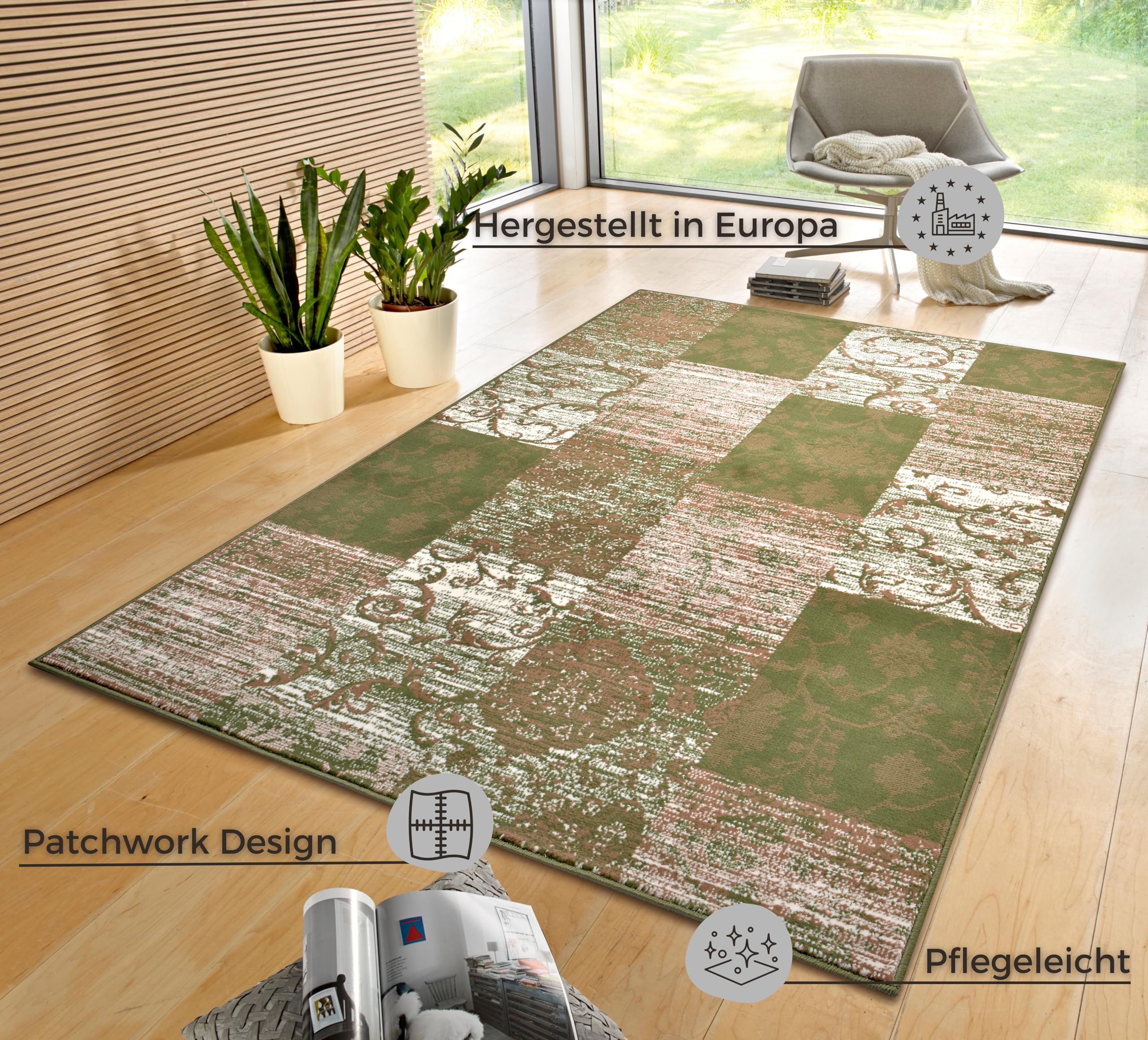 Hanse Home Gloria Teppich 200x290cm – Wohzimmerteppich Mehrfarbig Modern Velours Teppich Schlafzimmerteppich für Flur, Esszimmer, Schlafzimmer, Kinderzimmer, Wohnzimmer, Küche – Green Creme