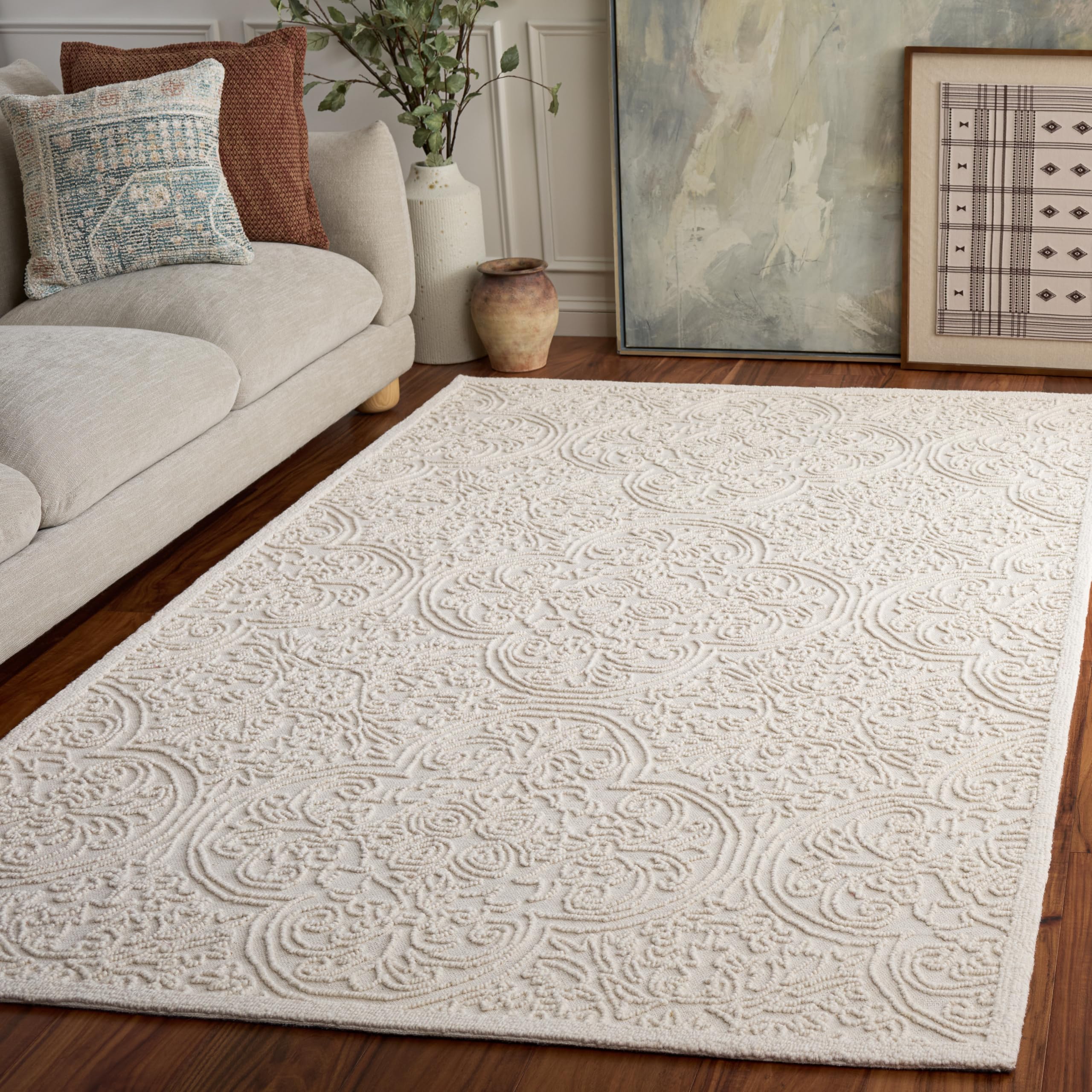 SAFAVIEH Trace Collection Area Rug - 5' x 8', Ivory, Handmade Wool, Ideal for High Traffic Areas in Living Room, Bedroom (TRC101C)