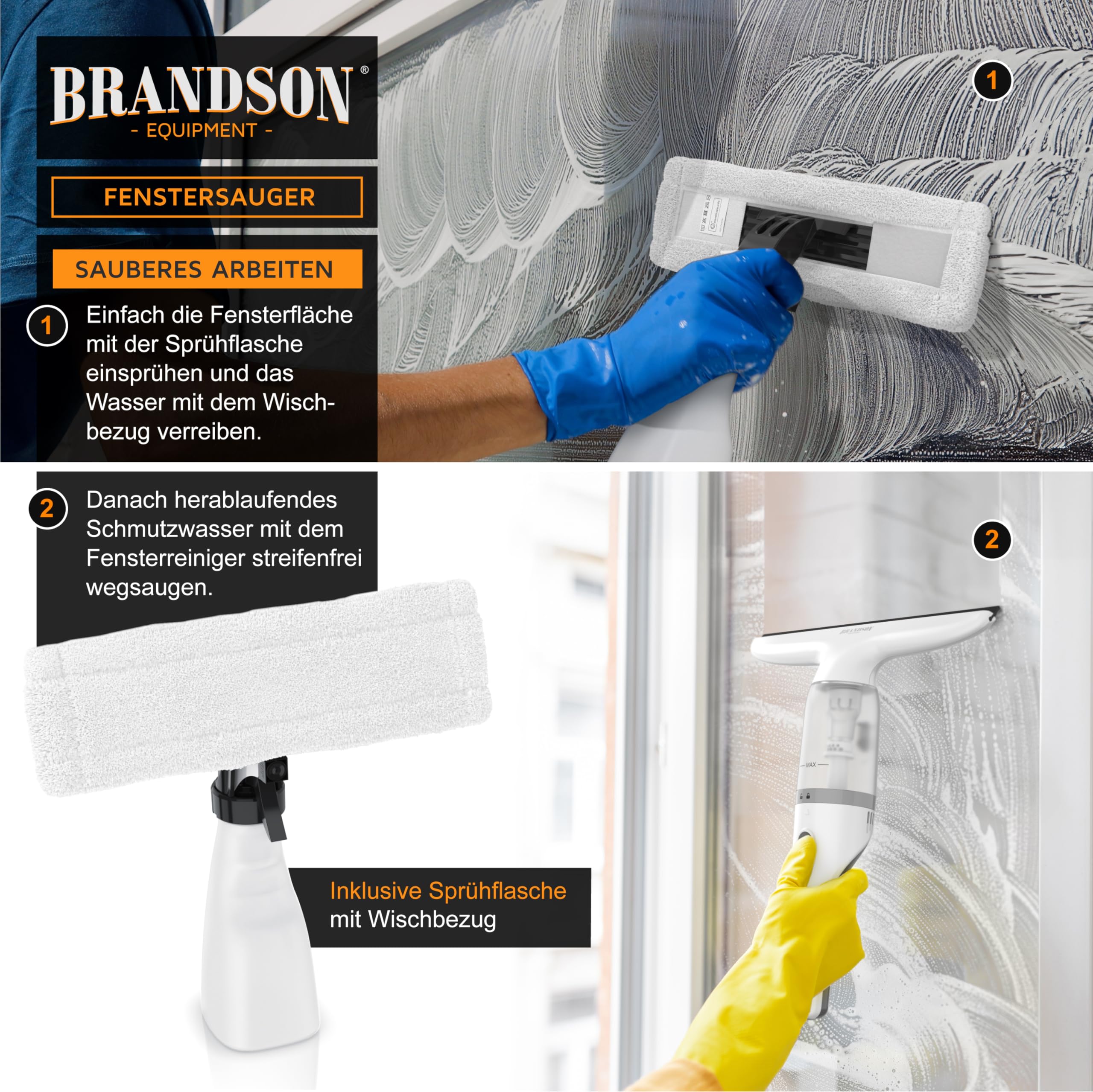 Brandson - Akku Fenstersauger kabellos – Fensterreiniger elektrisch 2200 mAh Li-Io-Akku – Laufzeit ca. 30 min. – 28 cm Saugdüse – 60 ml Wassertank – inkl. Sprühflasche