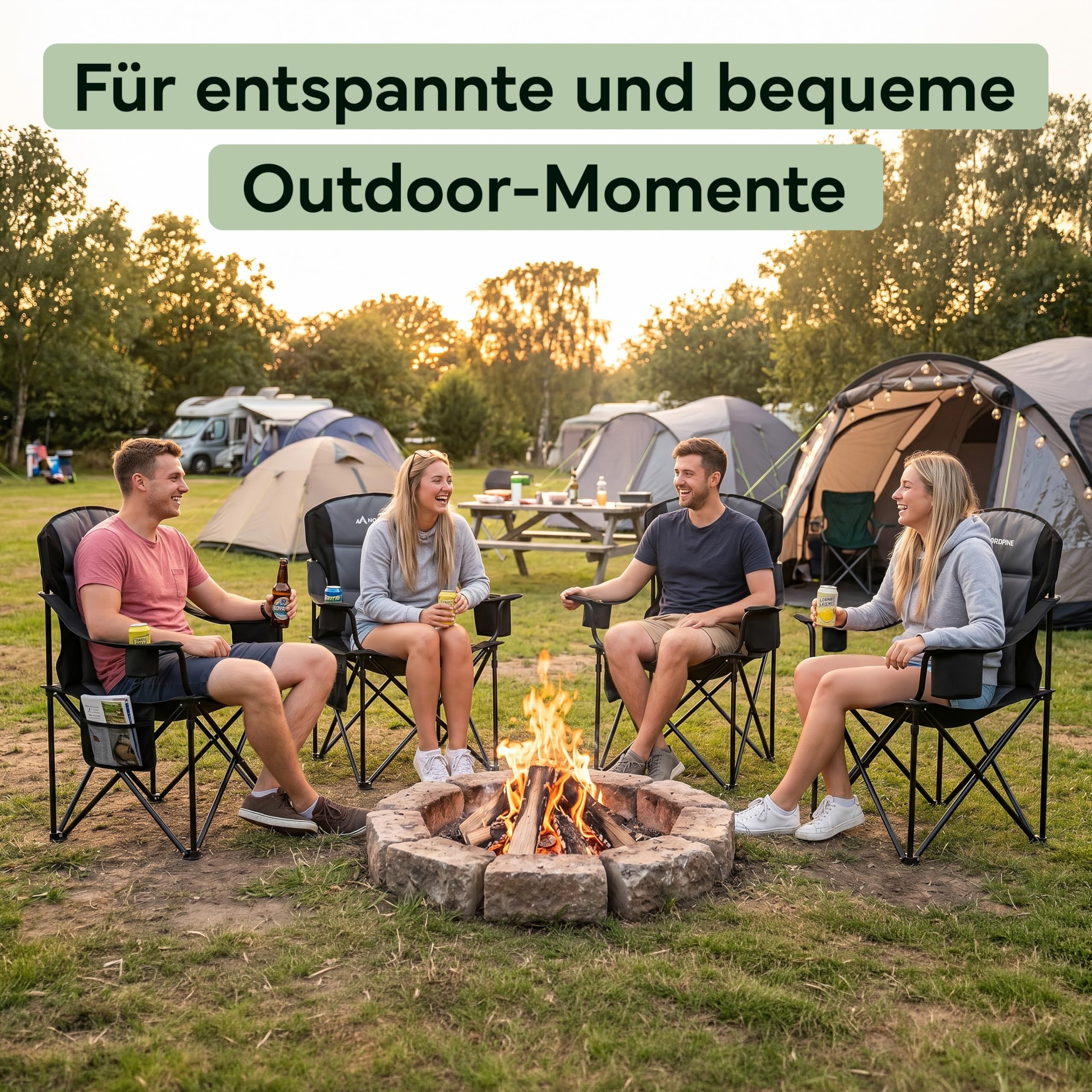 Campingstuhl faltbar bis 250 kg – Stabiler Klappstuhl Camping mit Kühltasche & Getränkehalter – Premium Polsterung & XXL Sitz – Robust & Bequem – Angelstuhl Gartenstuhl inkl. Tragetasche