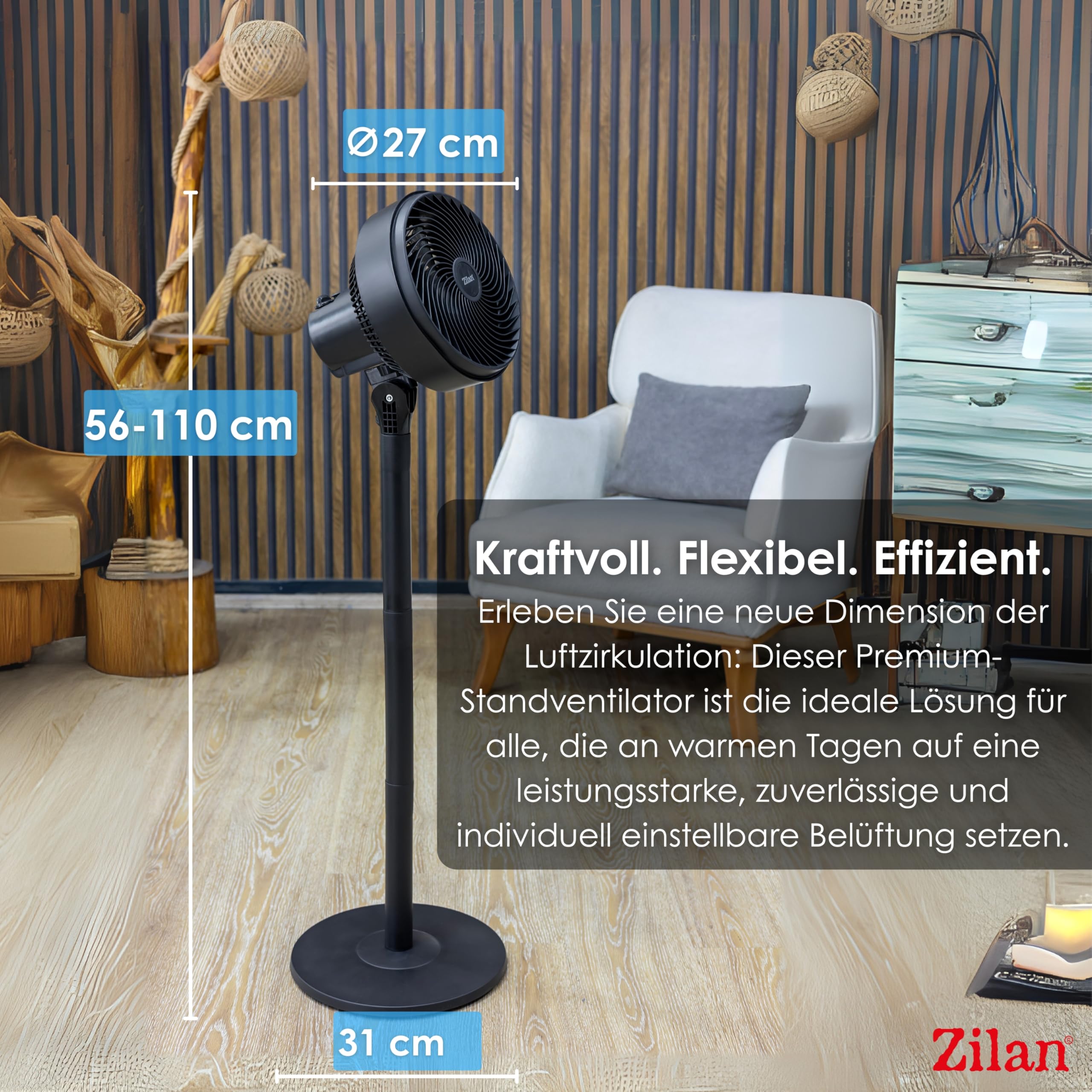 Zilan Standventilator 65 Watt kraftvoller Ventilator sehr leise energiesparend 3 Stufen hoher Luftdurchsatz 90° oszillierend höhenverstellbar Bodenventilator mobiler Luftkühler Standlüfter Tower Fan