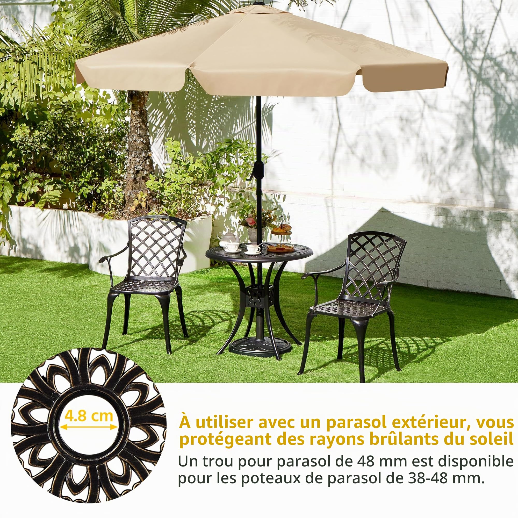 Yaheetech Table de Jardin Ronde Design Vintage en Aluminium avec Trou pour Parasol Patins Réglables Table de Bistrot Extérieur Diamètre 78 cm pour Patio Piscine Terrasse Fête Bronze