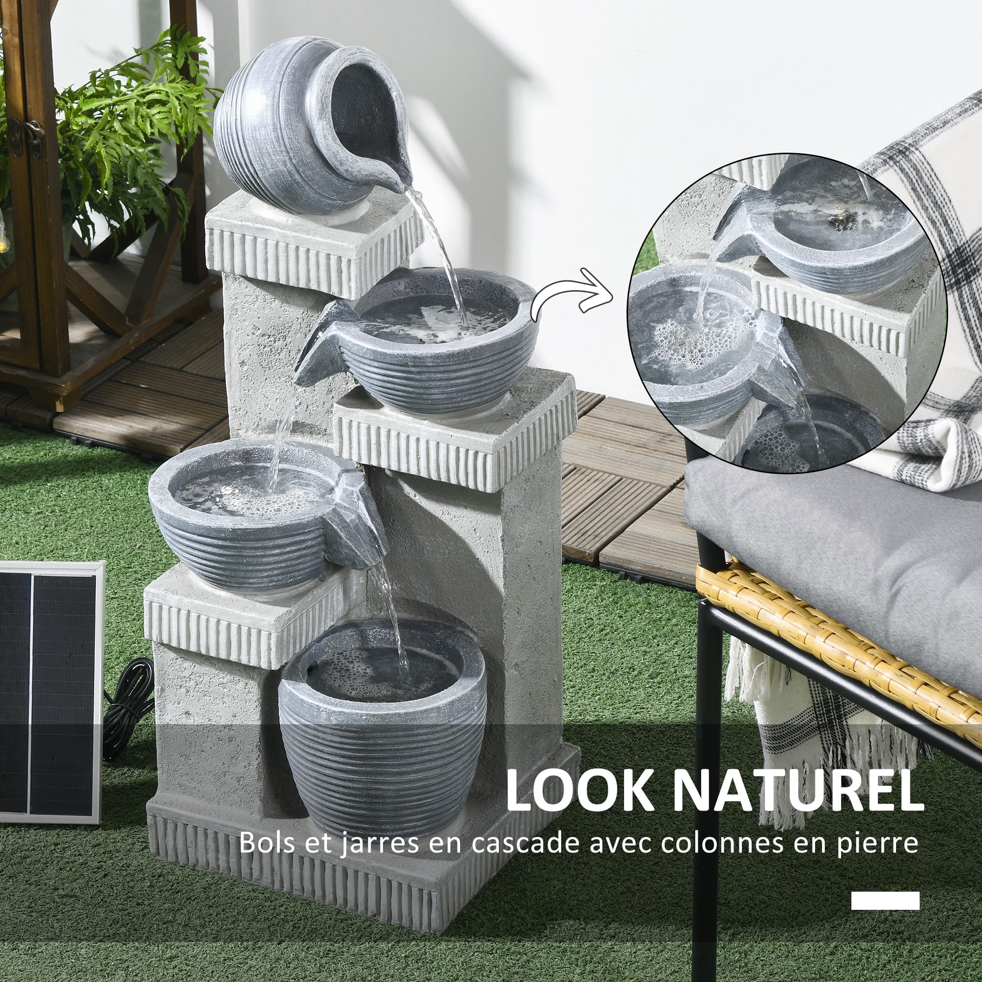 Outsunny - Fuente de jardín con energía solar para cascada de resina de 4 niveles con luces LED y bomba dim. 30 x 26 x 67 cm, color gris
