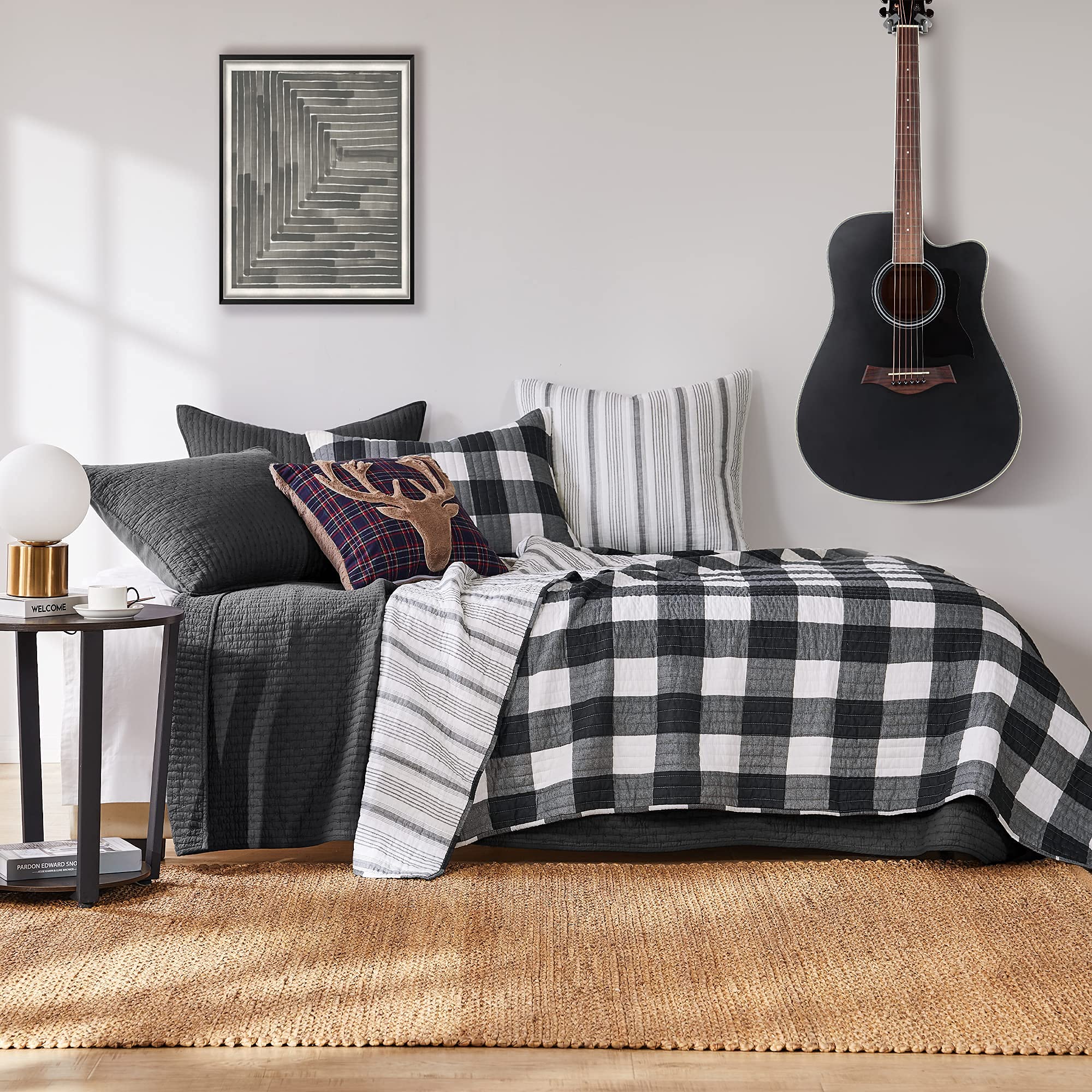 Levtex Home - Camden Quilt Set -Twin/Twin XL Quilt (68 x 86 in.) + One Standard Pillow Sham (26 x 20 in.) - Buffalo Check in Black and Cream - Reversible Pattern - Cotton