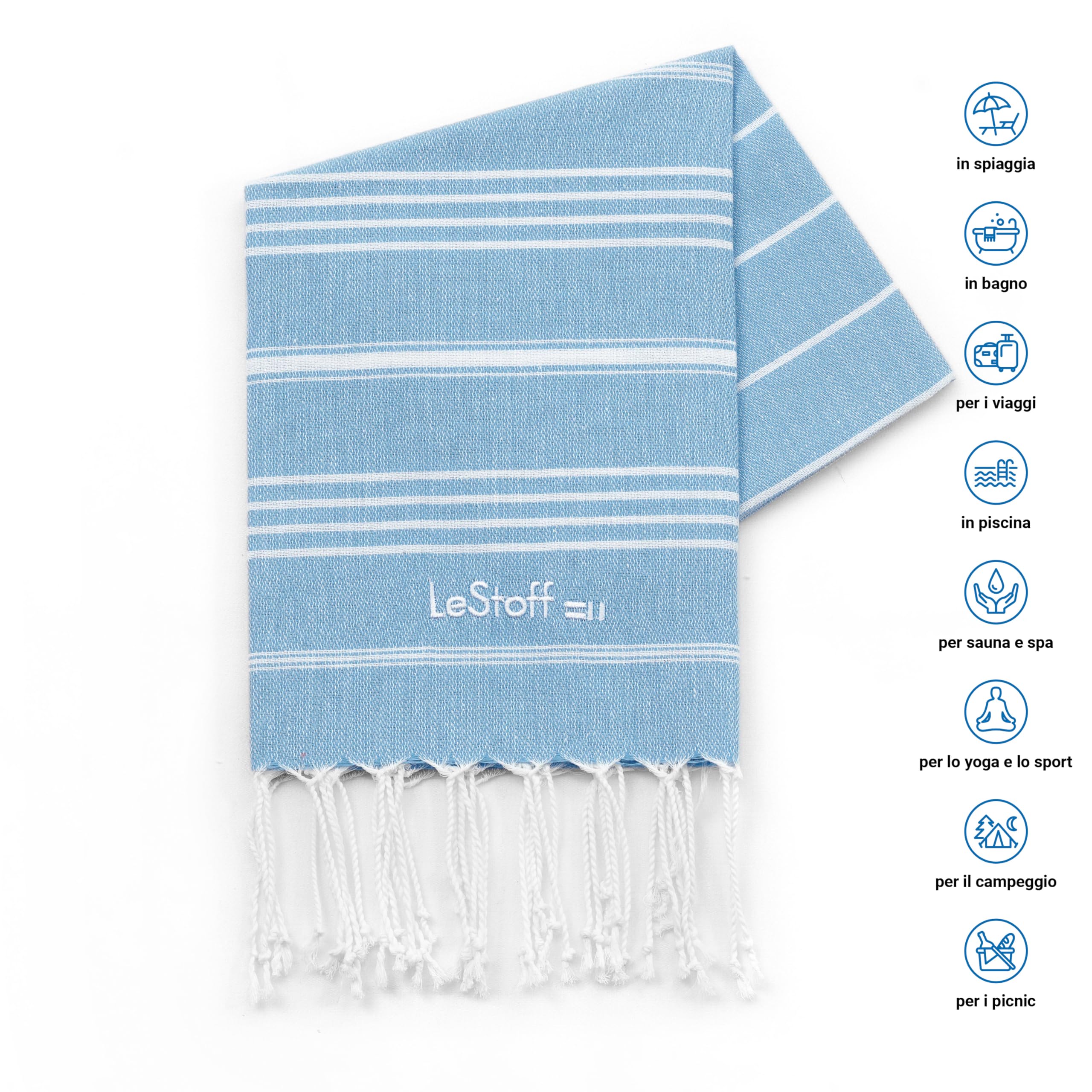 LeStoff Telo mare - 100% Cotone bio, 50 x 100 cm, Prelavato, Assorbente, Asciugatura Rapida, Leggero, Fouta, Telo Ospite, Telo Doccia, Telo Yoga, Telo da Palestra, Asciugamano Sportivo (Light Blue)