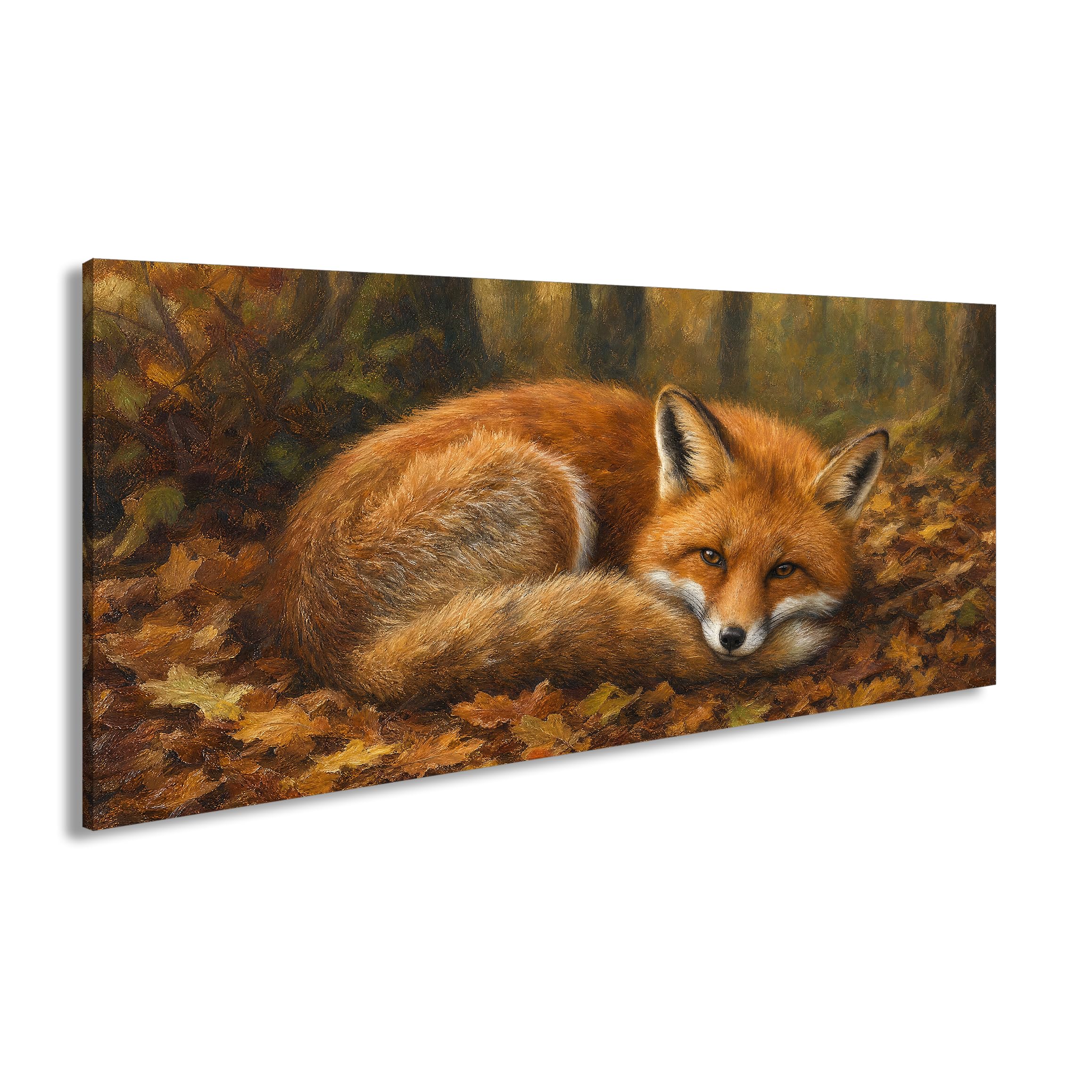 deyoli Obraz na płótnie Uśpiony lis w jesiennych liściach 60 x 30 cm kolorowy