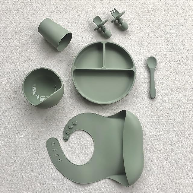 Minifolk Complete Baby Weaning Set | 6 Piece Silicone Baby Feeding Set | Suction Plate | Suction Bowl | Toddler Tableware Set (Thyme)