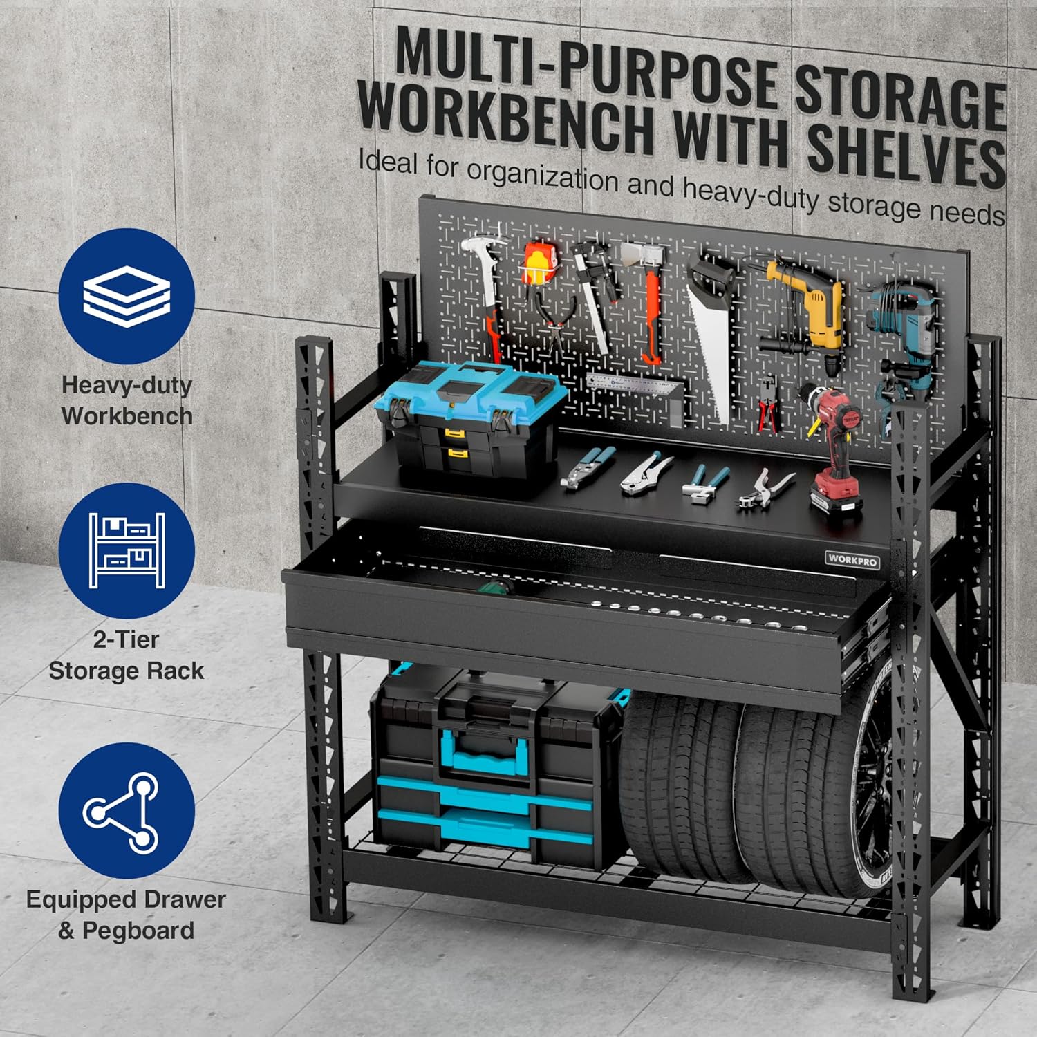 WORKPRO 50" Heavy Duty Steel Workbench with Pegboard & Drawer, 3180lbs Capacity Garage Workbench, Sturdy Shelves, Tool Storage Work Benches for Garage, Workshop & Woodworking