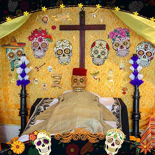 Miniatura 2 de Yerliker 8 hojas de decoración del día de los muertos, calcomanías de cristal extraíbles para Halloween, calavera de azúcar, esqueleto de calavera