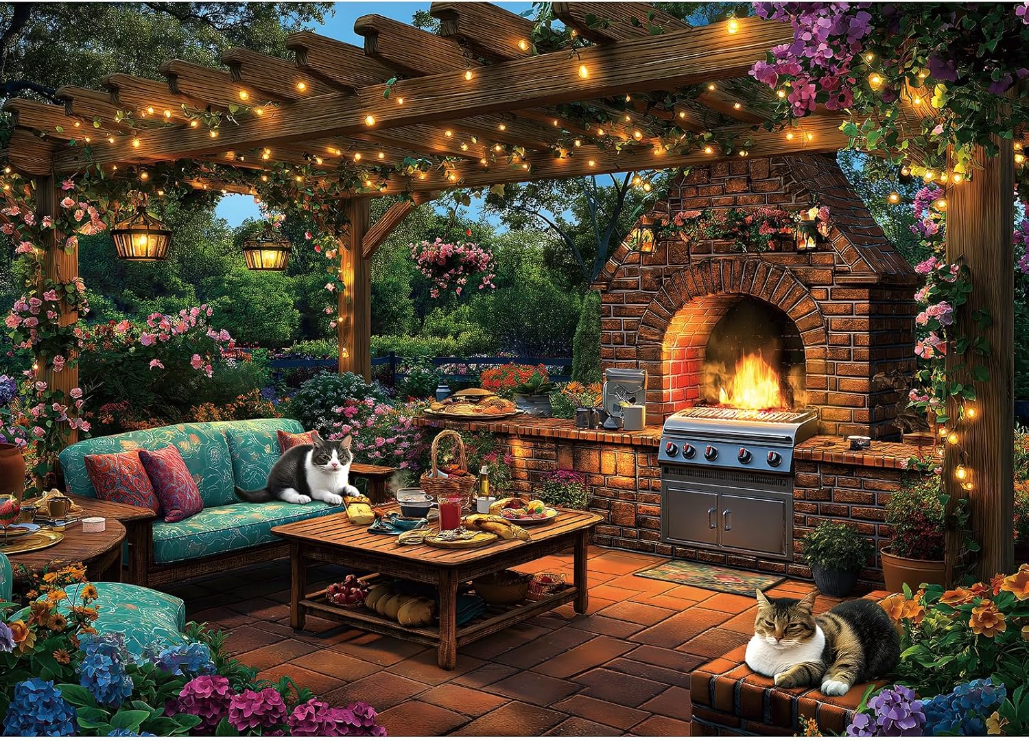 MINIWAN 1000 Piece Jigsaw Puzzle for Adults - Challenging Garden Patio Scene with Twinkling Lights, Vibrant Hydrangeas - 27.5"x19.7" Art Puzzle, Unique Gift for Game Nights