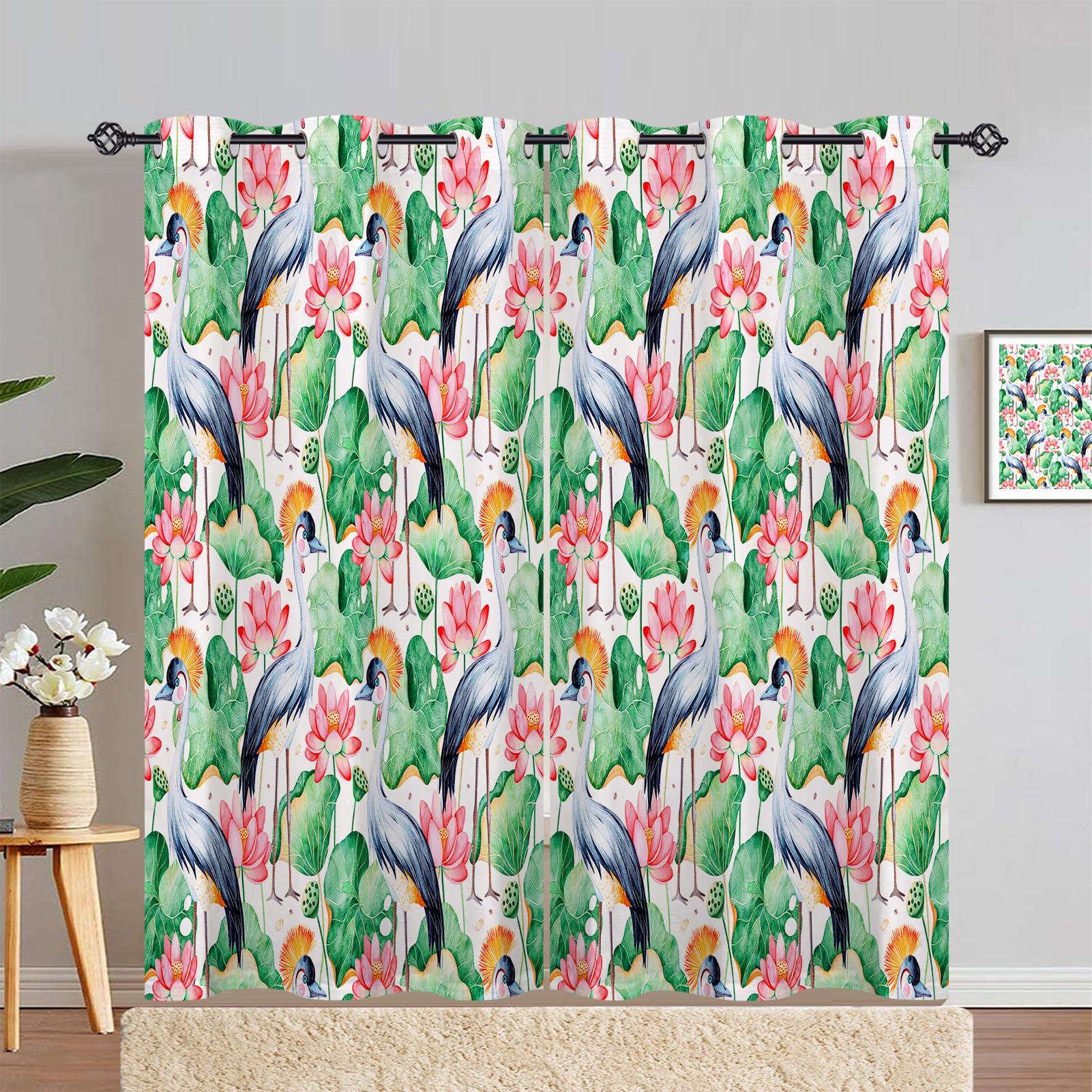 ANHOPE Floral Lotus Curtains Eyelet Soft Thermal Insulated Blackout Curtains Water Lily Flower Bird Print Pattern Ring Top Drapes for Kids Girls Bedroom Living Room 66 x 90 Inch Drop 2 Panels — image 1