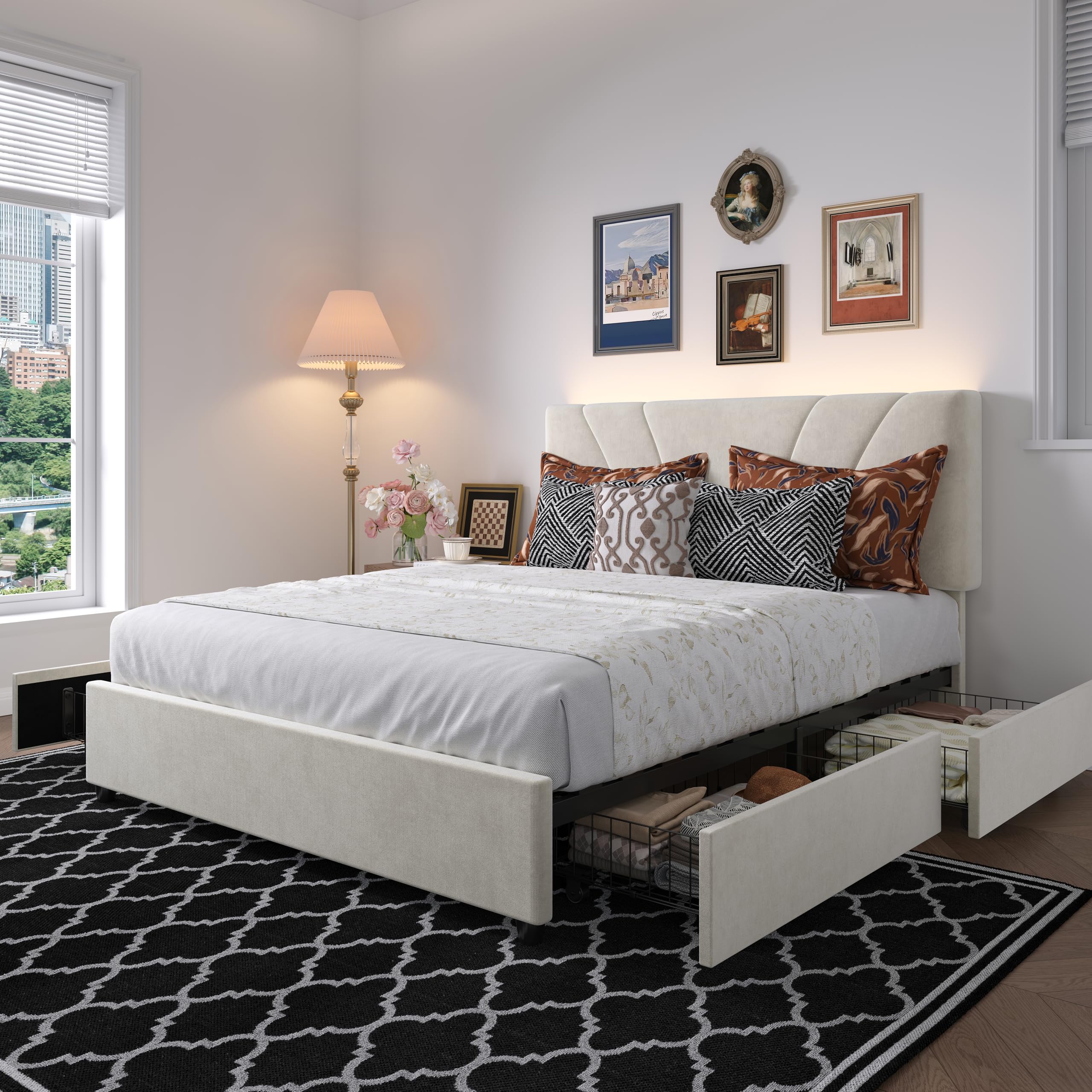 novilla queen size bed frame, queen bed frame with headboard, queen bed frame with drawers, led bed frame queen size, charging station and adjustable headboard, no box spring needed, white velvet