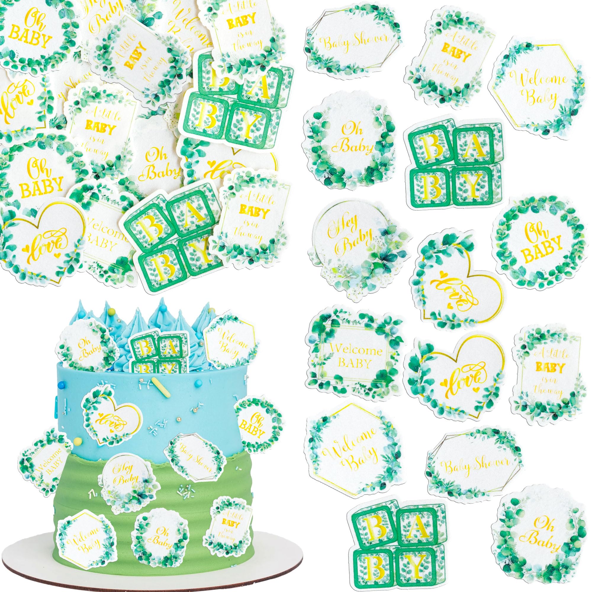 Ephlyn 54Pcs Edible Oh Baby Cupcake Toppers Wafer Paper Love Baby Shower Cake Decorations Edible Baby in Bloom Baby Boy Cupcake Picks for Baby Shower Boys Birthday Party Supplies Green Gold