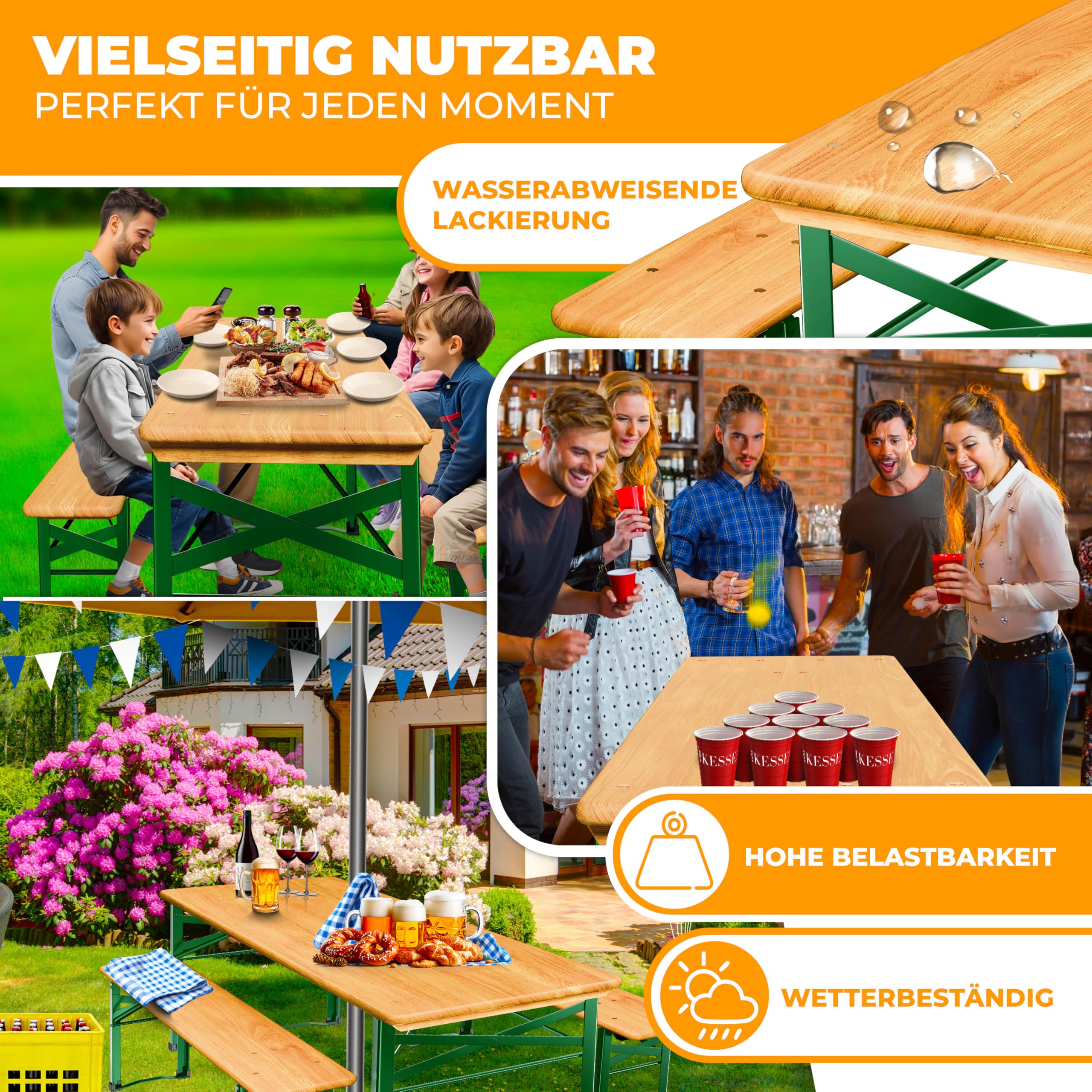 KESSER® Bierzeltgarnitur 3-TLG., Festzeltgarnitur klappbar, Biertisch mit 2 Bierbänken, Gartenmöbel Set Holz, Partygarnitur, Sitzgarnitur, wetterfest, stabil, 170x46x75cm, 12-TLG. Bodenschoner