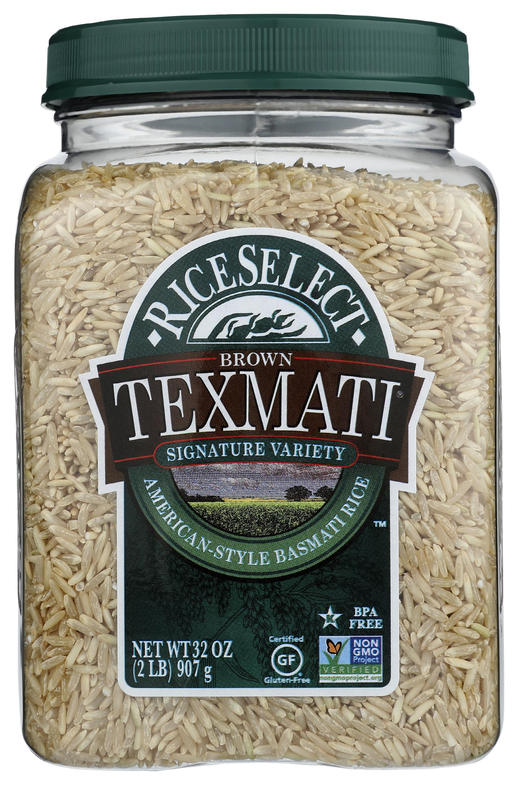 RiceSelect Texmati Brown Rice, Whole-Grain Basmati Rice, Premium Gluten-Free Rice, Non-GMO, Star-K Kosher, 32-Ounce Jar