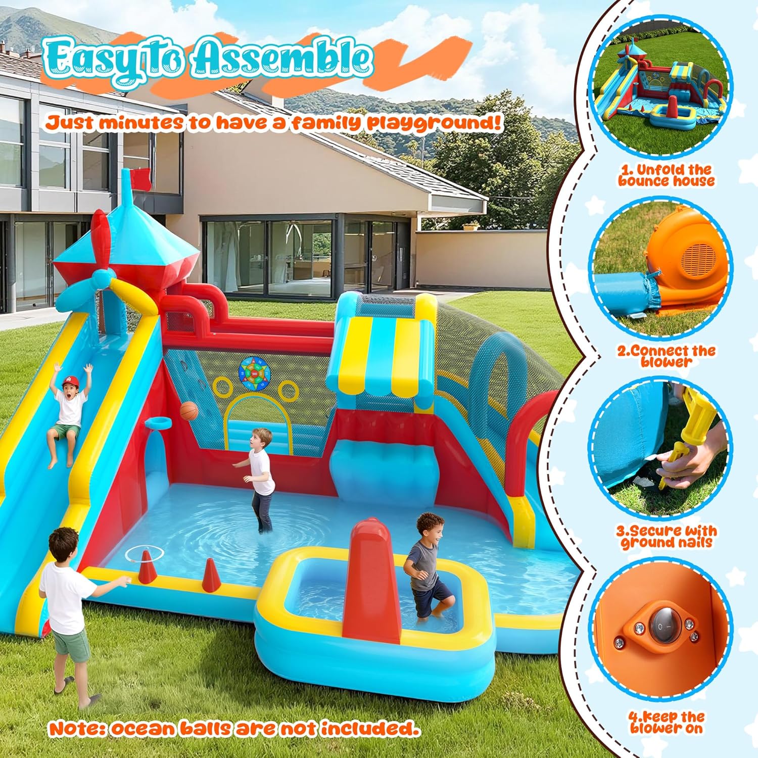 Inflatable Bounce House Double Water Slide for Big Kids,12 in 1 Bounce Castle with 750W Blower, Toy Stand, Water Gun, Splash Pool, Climbing Wall, Basketball Hoop, Outdoor Backyard (Red)