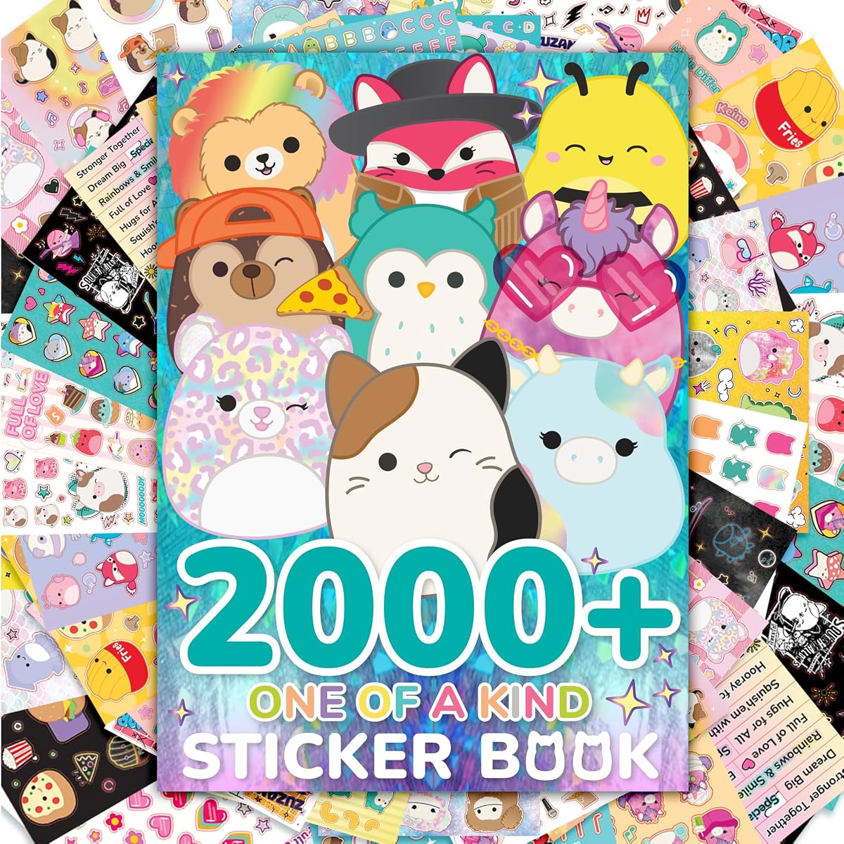Horizon Group USA Libro de pegatinas con tamaños grandes y pequeños, artículos de papelería para niños para botella de agua, cuadernos y recuerdos de fiesta, Squishmallows