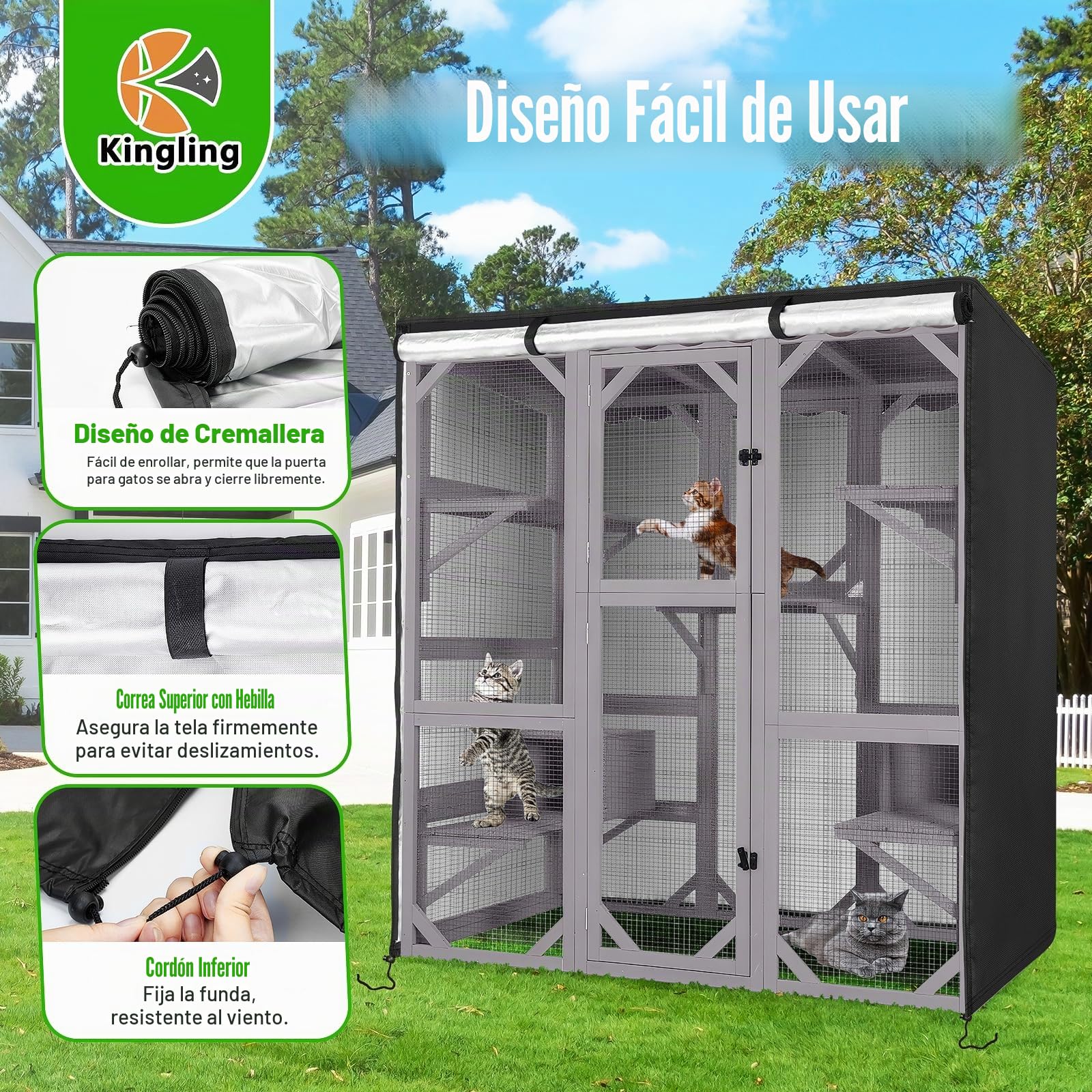 Kingling Funda para casa de gatos al aire libre, cubierta impermeable para jaula de gatos grande, cubierta de recinto para gatos salvajes para casas y condominios (solo funda), negro, 162 x 83 x 180