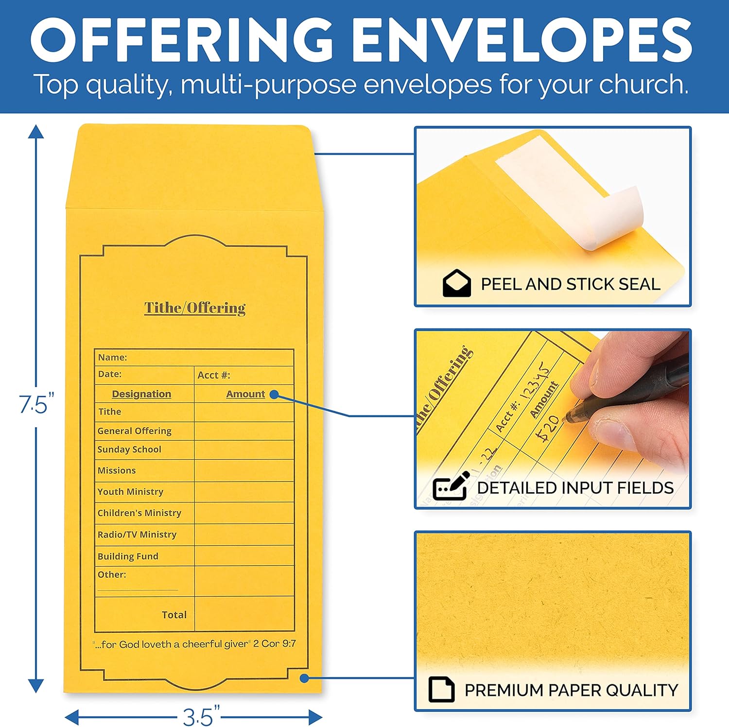 Christian Church Tithing Envelopes Self-Seal (500 Pack) - 6.5"x3.5" Offering Envelopes with Pre-Printed Fields for Tithes, Offerings, and Missions (Classic)