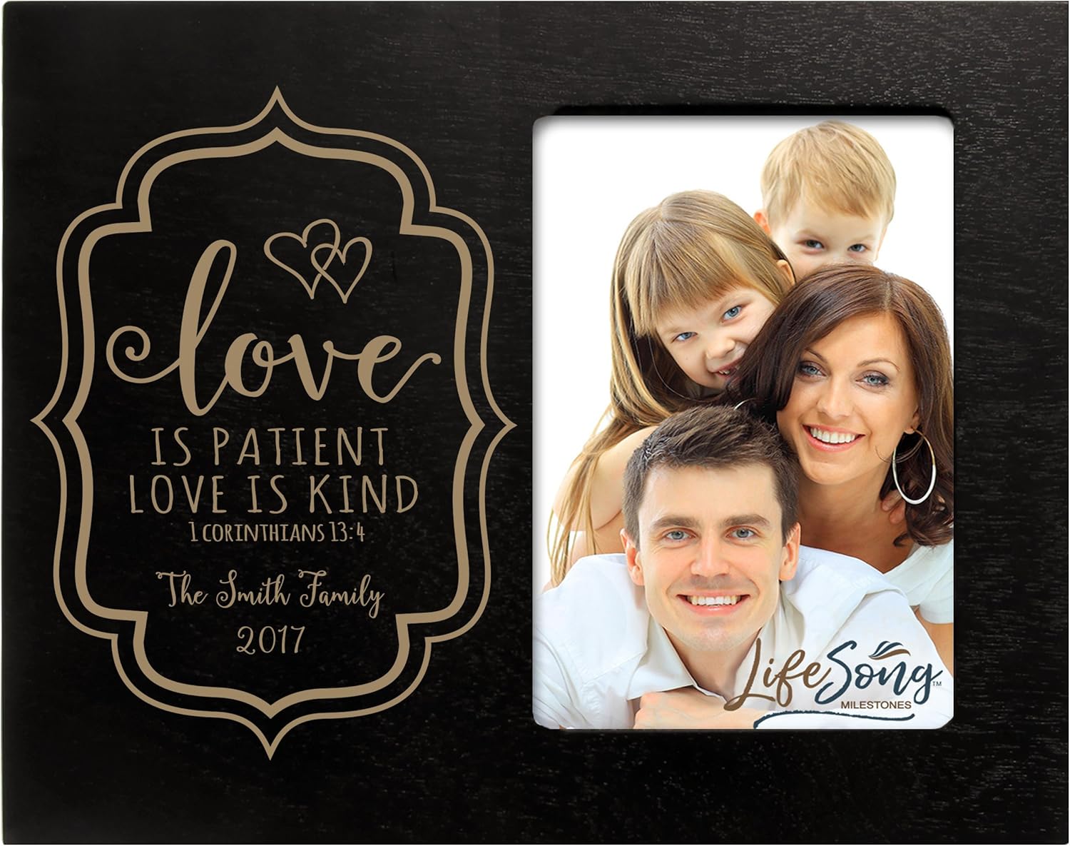 LifeSong Milestones Personalized Valentine’s Day Photo Frame Gift Custom Engraved Ideas for Couple Love is Patient Love is Kind 1 Corinthians 13:4 Frame Holds 4 x 6 Picture (Black)