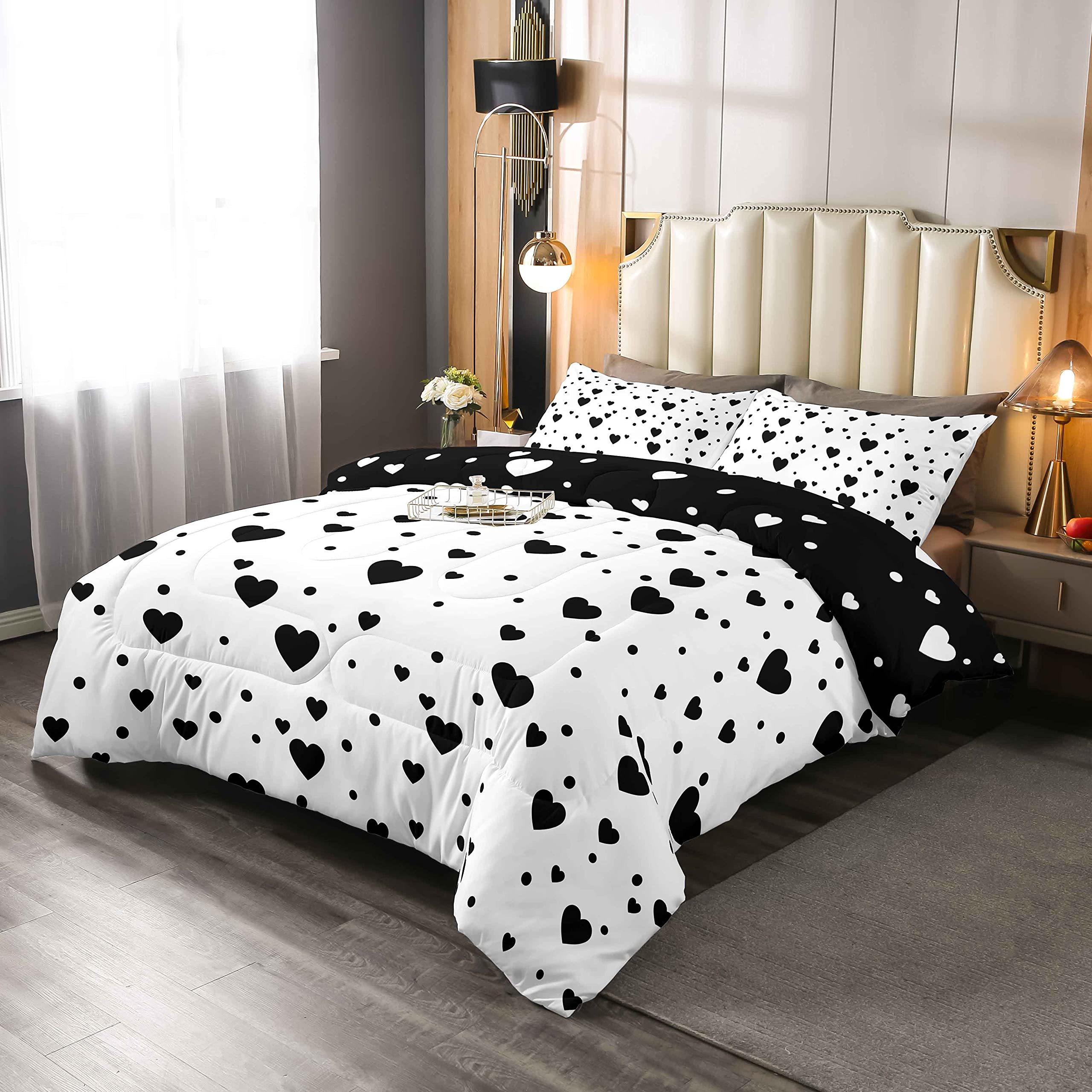 Set di biancheria da letto con cuori per ragazze e ragazzi e bambini, con Trapunta geometrico, Trapunta e piumone in bianco e nero, reversibile, per letto 230x220cm, 3 pezzi