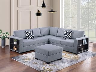 espidoo 4-Piece Sectional Sofa Set with Ottoman & Shelves: Modern L-Shaped Boucle Fabric Couch for Living Room - Space Saving Design with Storage for Urban Apartments & Home Decor