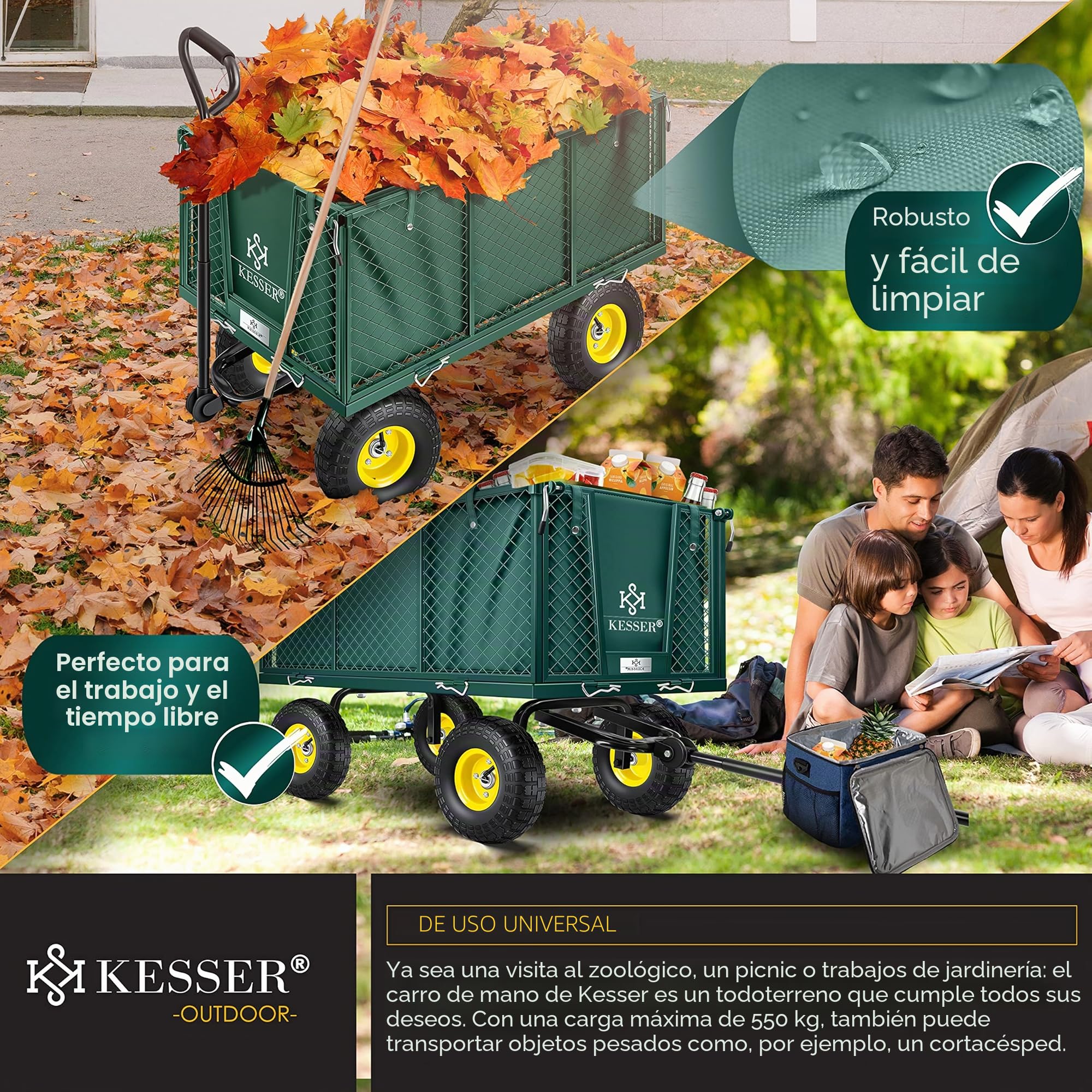 KESSER® 550 kg Carro de Mano, Carro de jardín, Carro de Transporte, Lona Desmontable, Carro de Equipamiento, Versátil, Incluye Guantes, Verde