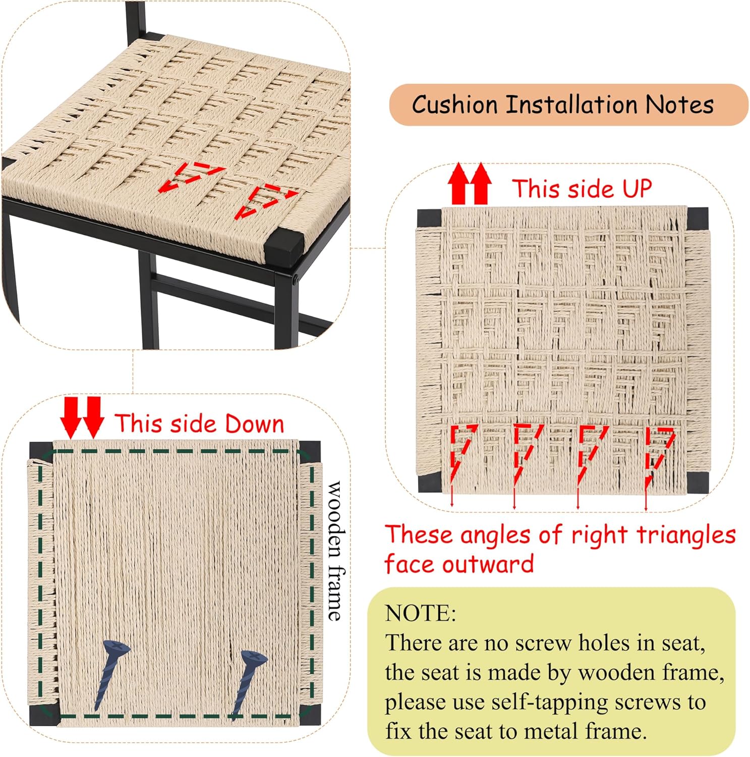 Close-up images detailing the handwoven paper rope back, unique woven seat, metal frame with footrest, and adjustable leg pads of the bar stool.