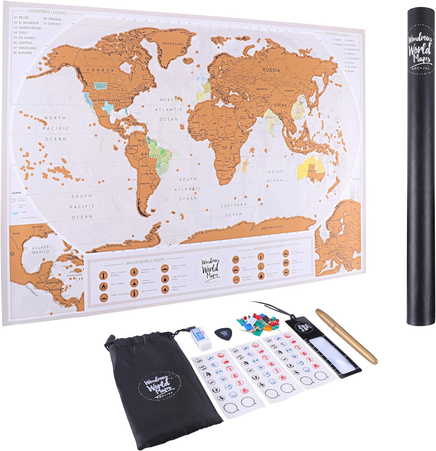 XL Deluxe Scratch Off Map of The World US States Outlined